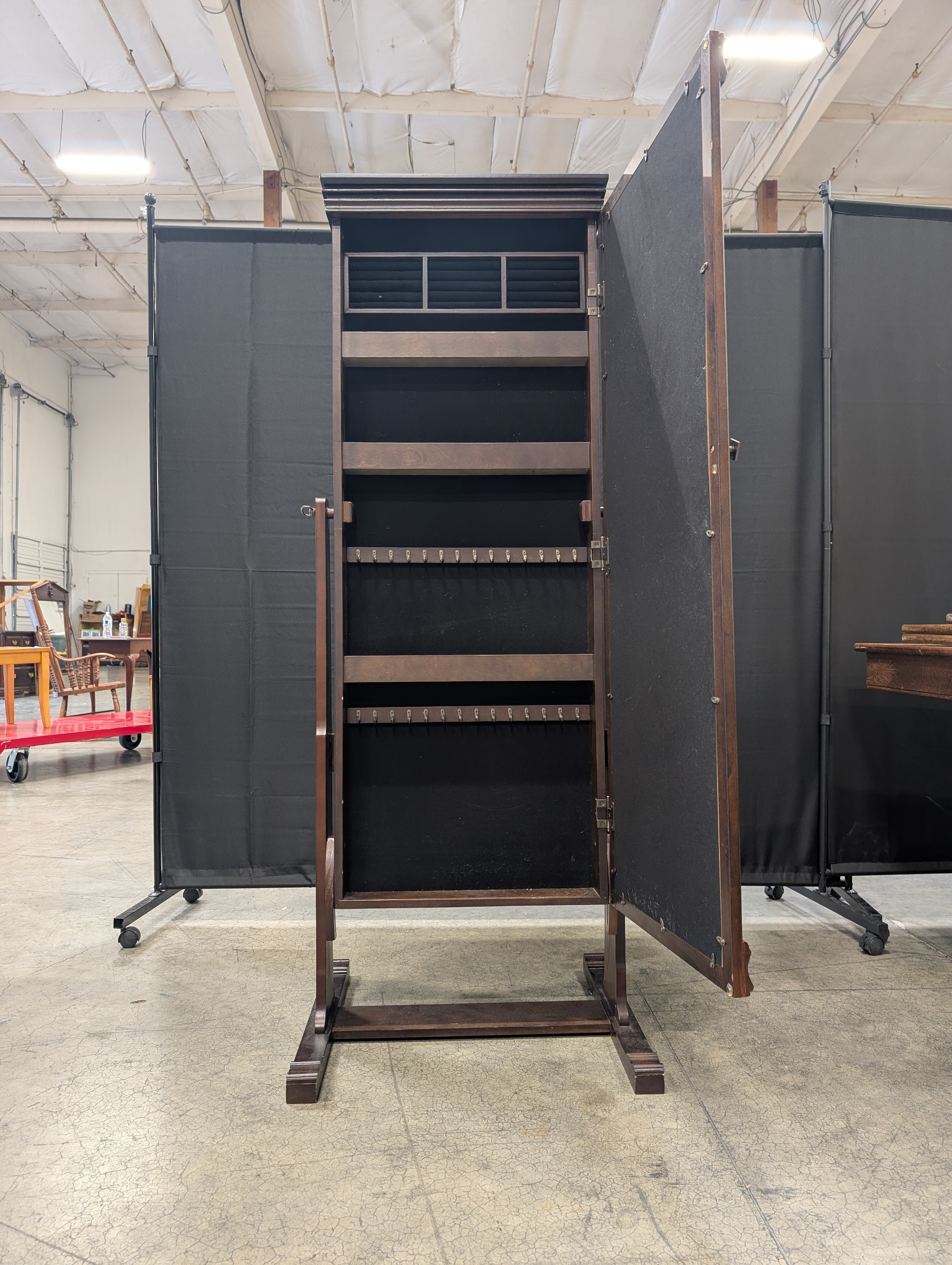 Freestanding Dark Wood Cheval Mirror Jewelry Armoire