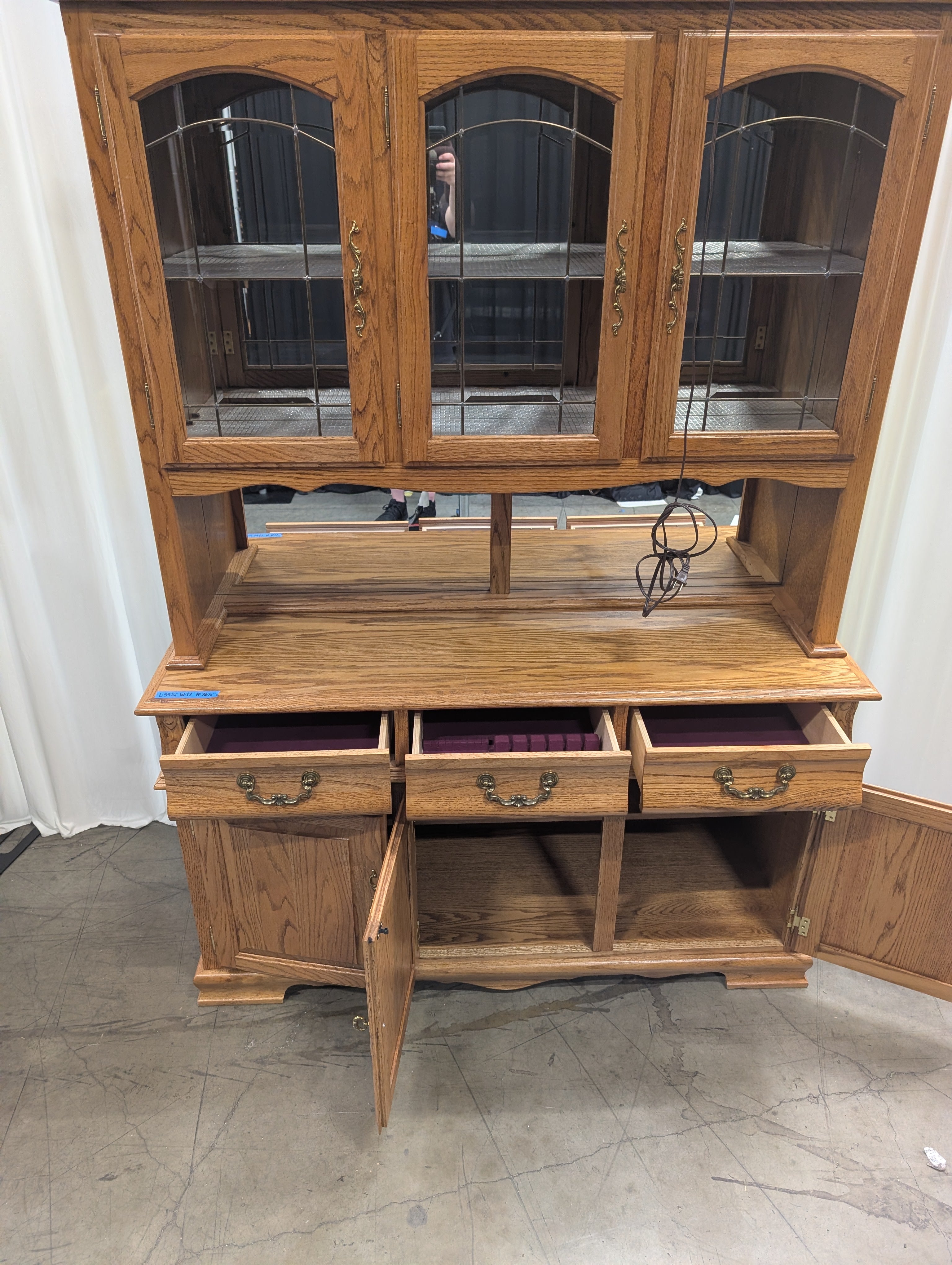 Golden Oak China Cabinet with Leaded Glass