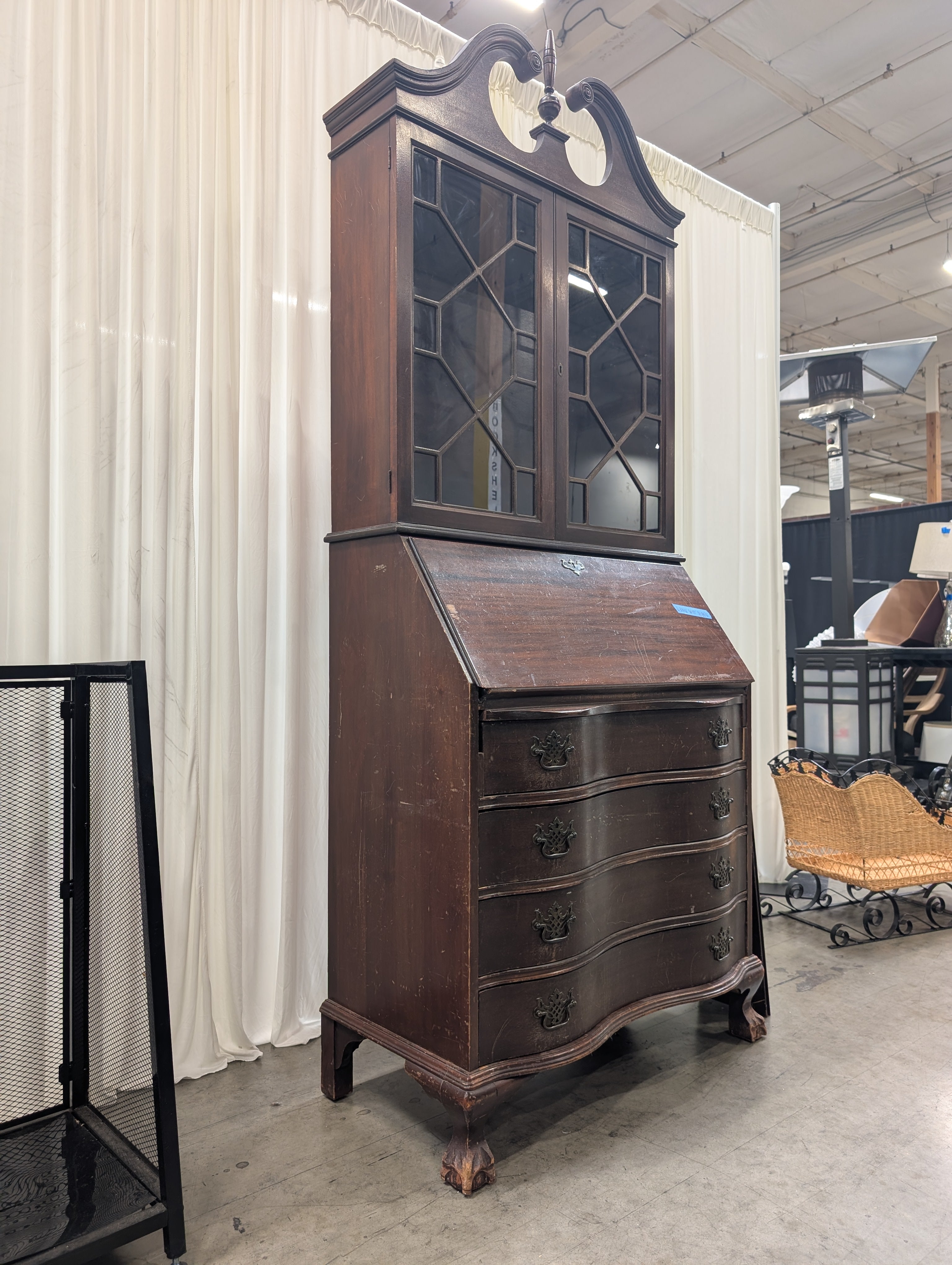 Vintage Mahogany Secretary Desk with Glass Hutch
