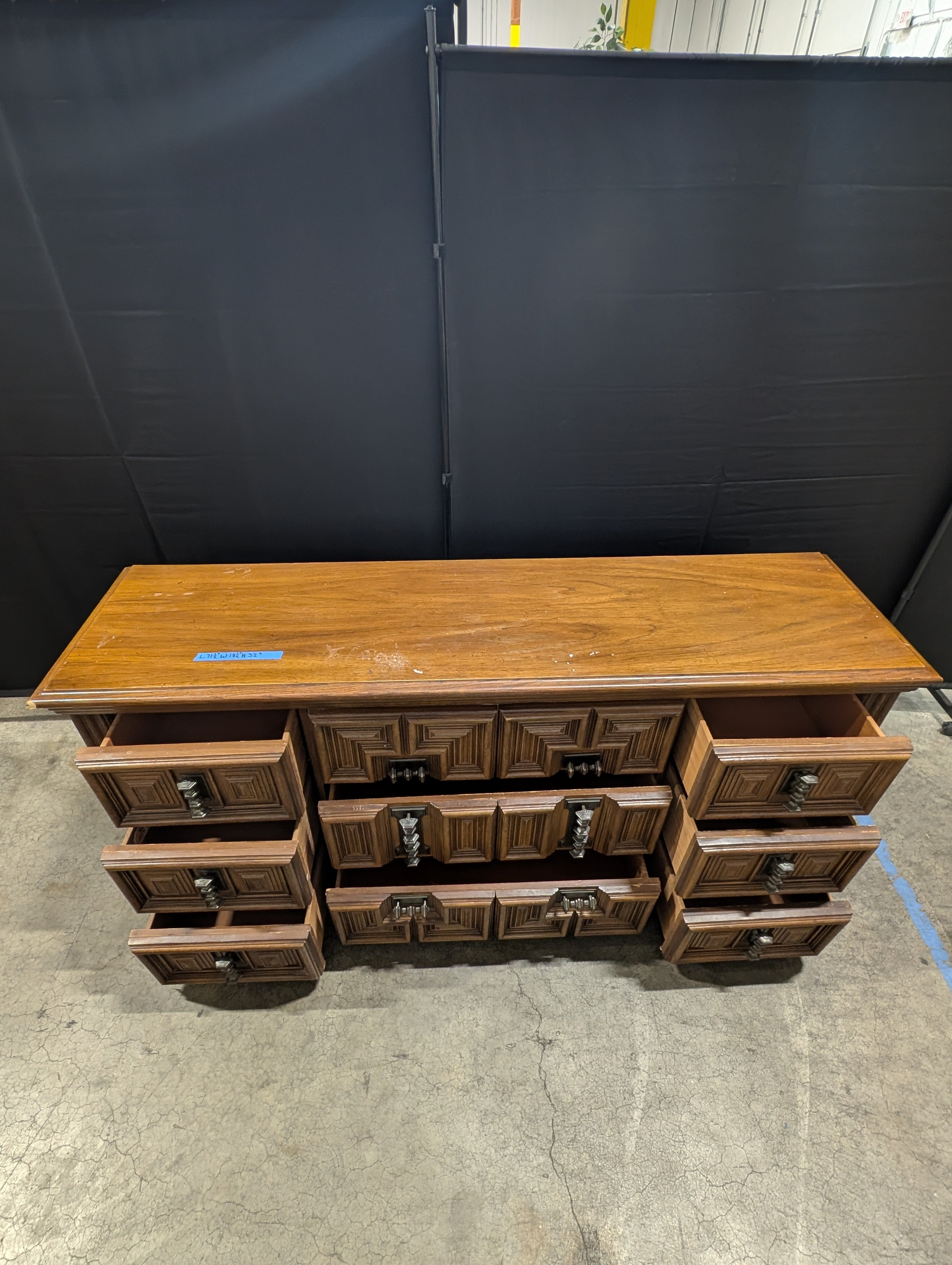 Vintage Carved Wood Long Dresser with Geometric Design