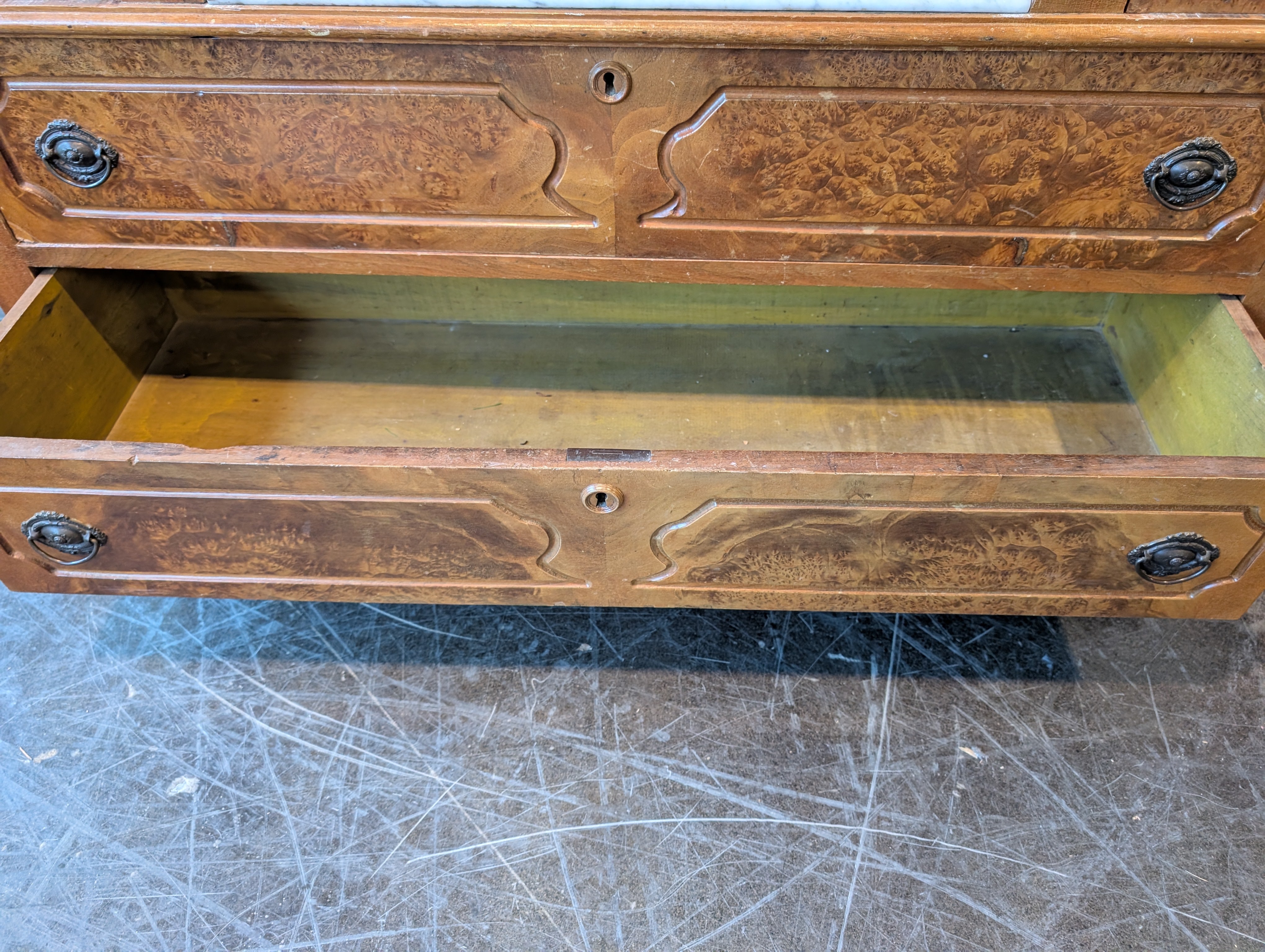 Antique Wood Five-Drawer Dresser with Marble Tops
