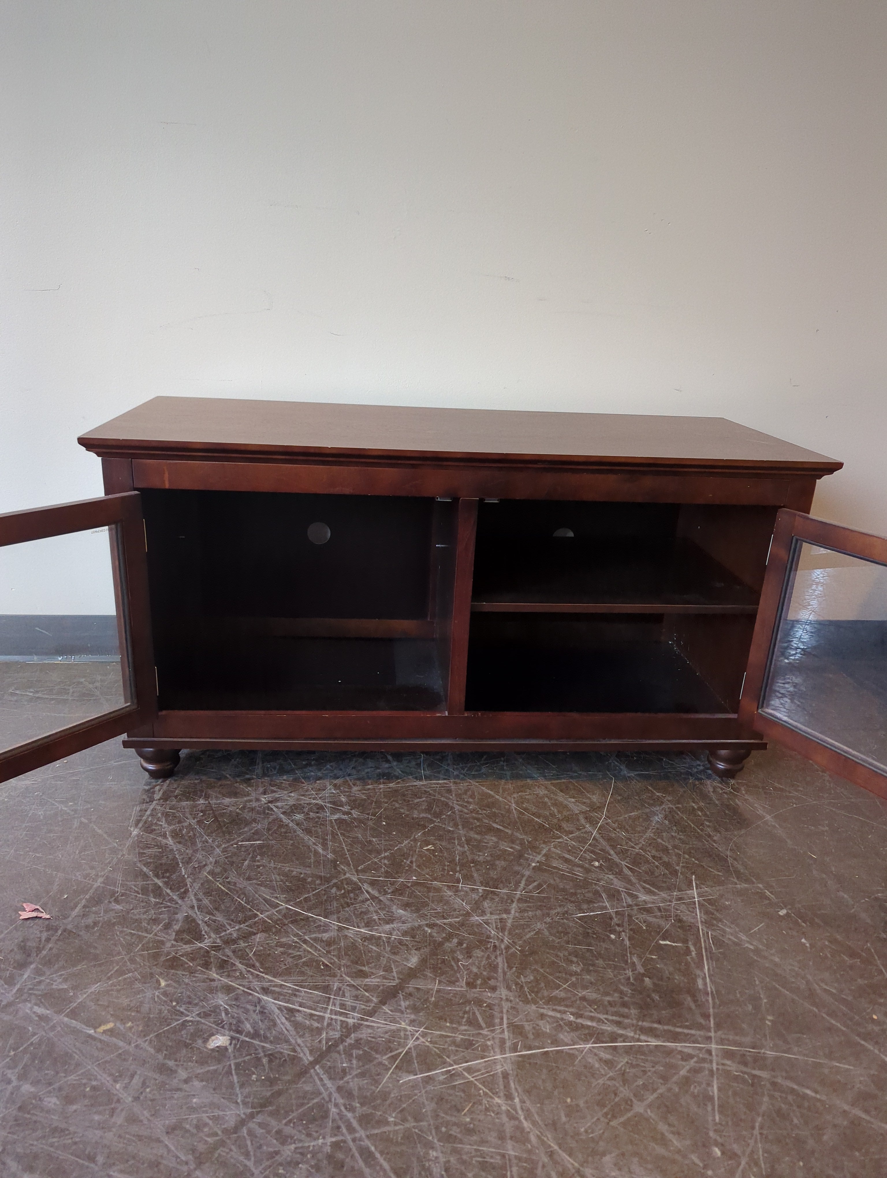 Reddish-Brown Wood Media Console with Glass Doors