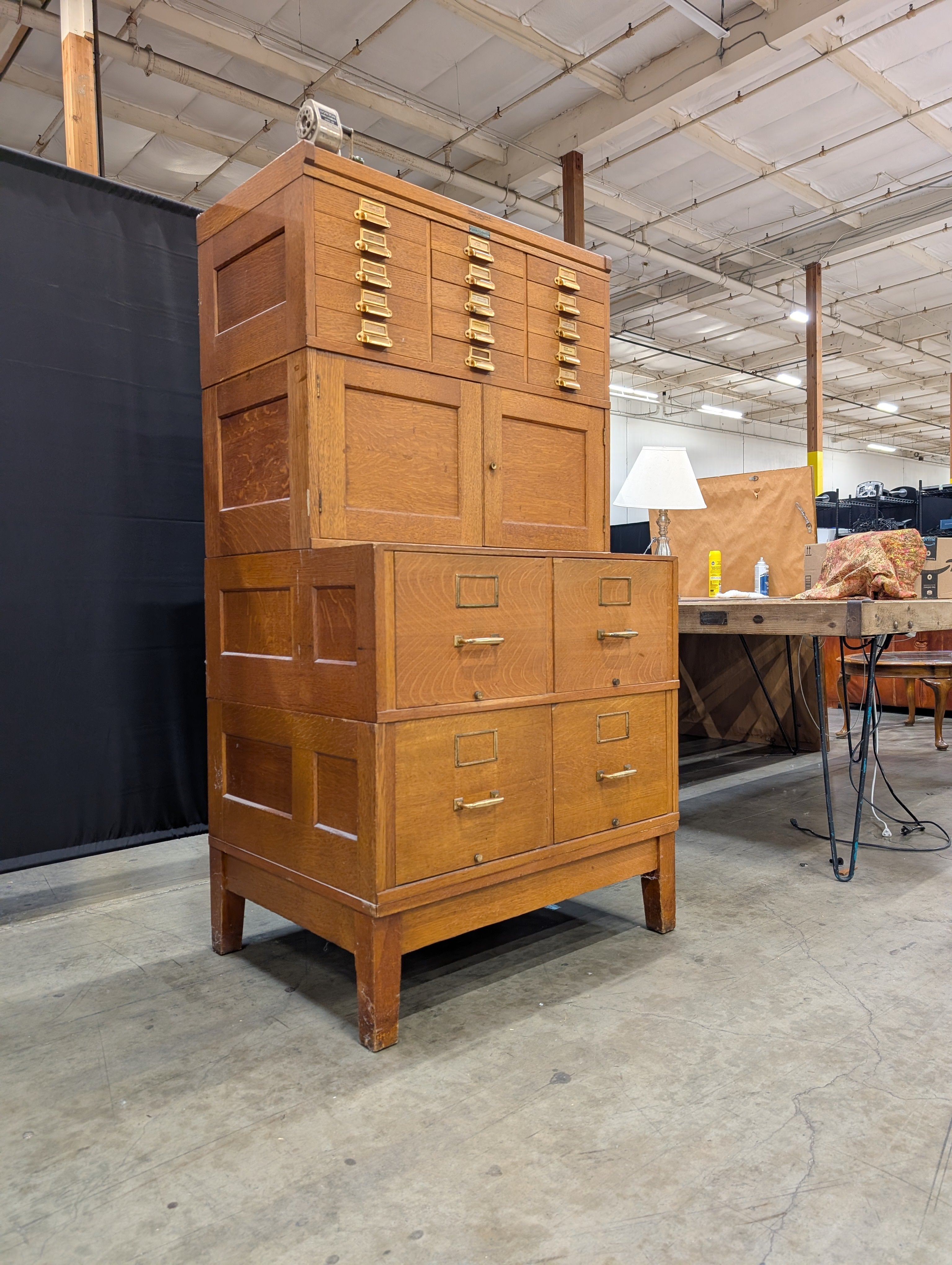Vintage Yawman & Erbe Manufacturing Co. Oak Multi-Drawer Filing Cabinet with Brass Hardware
