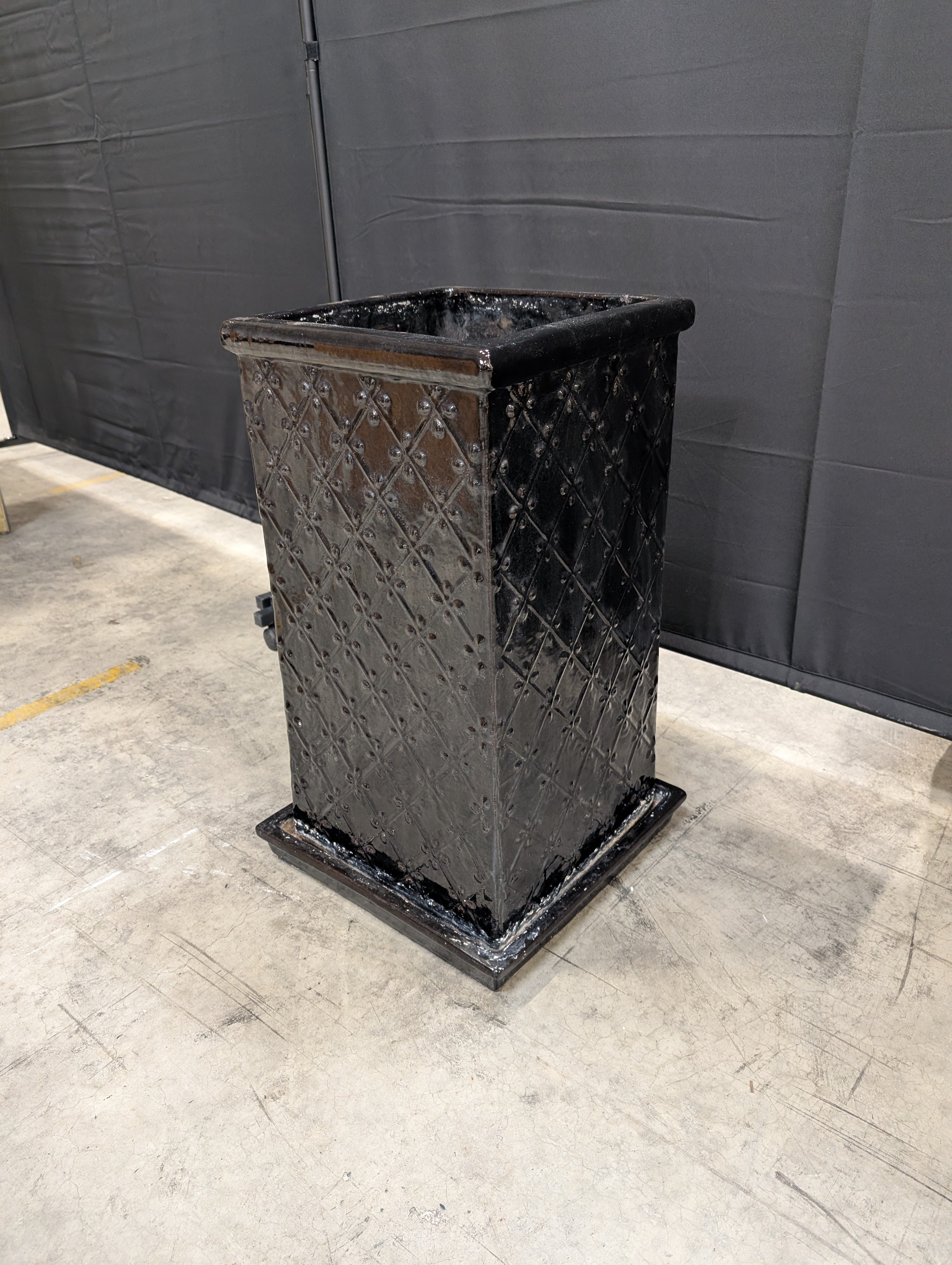 Tall Black Glazed Ceramic Planter with Diamond Pattern