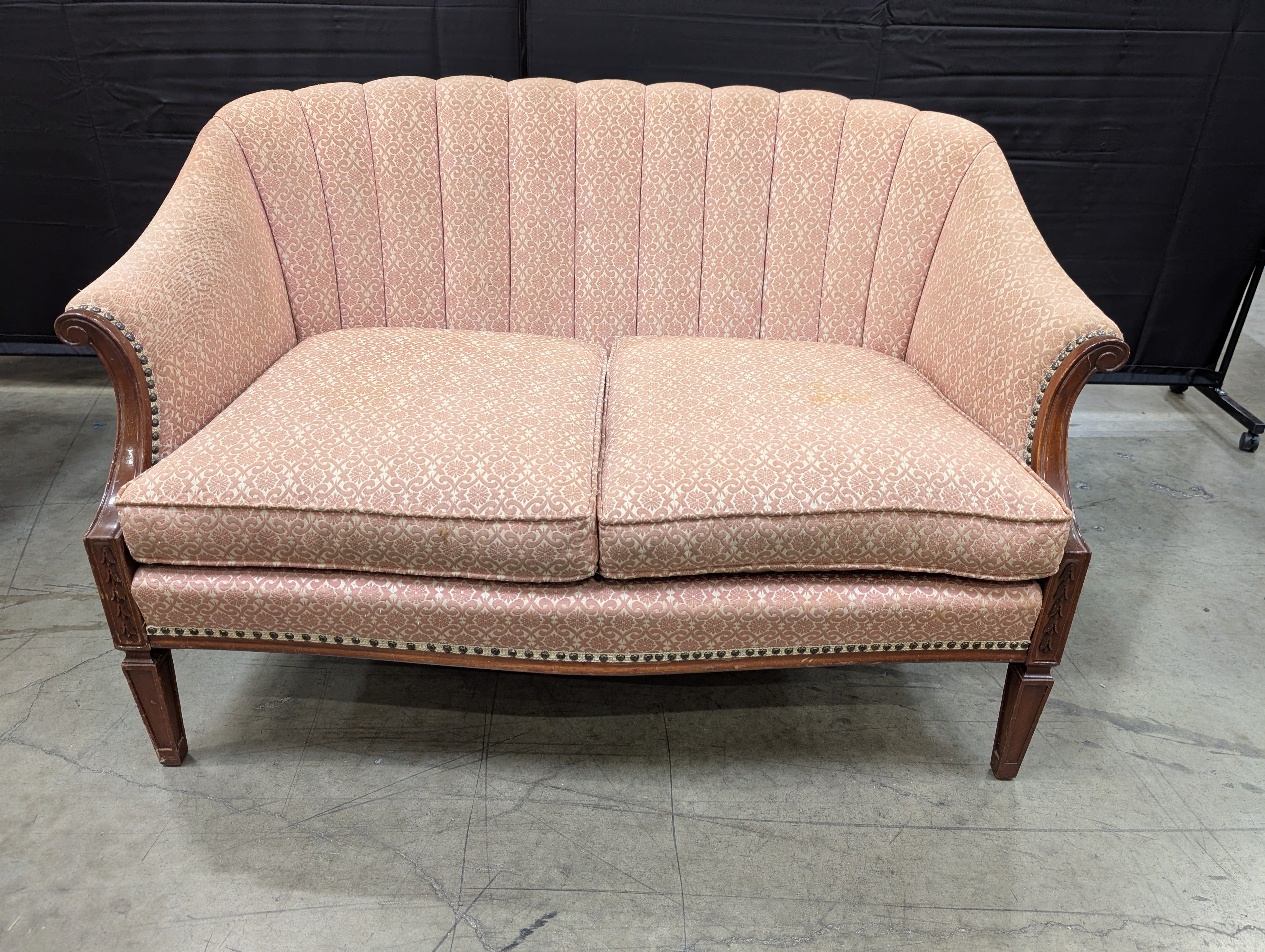 Poor condition Traditional Patterned Fabric Two-Seater Sofa with Wood Frame