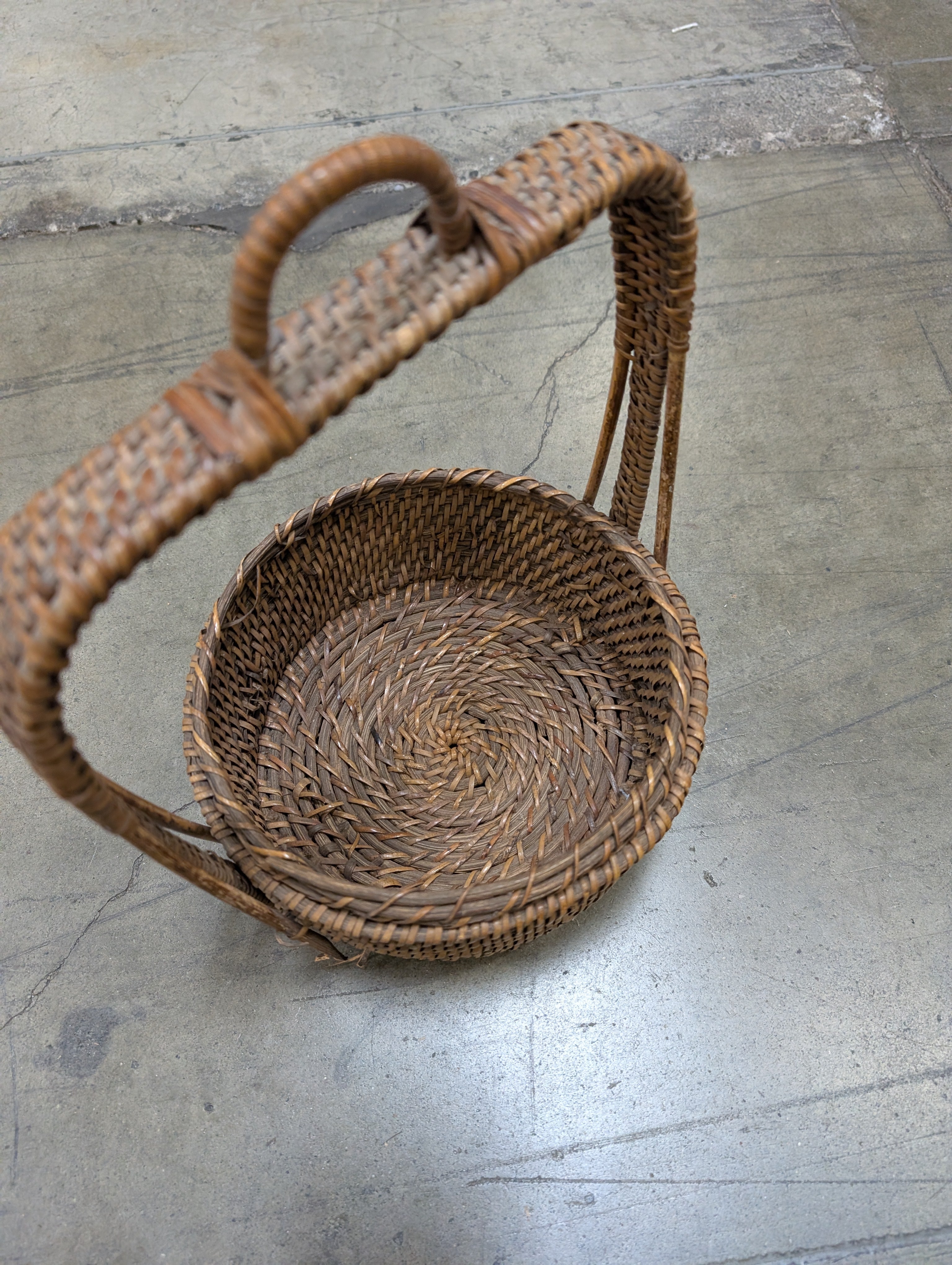 Rustic Woven Rattan Round Storage Basket with Arched Handle