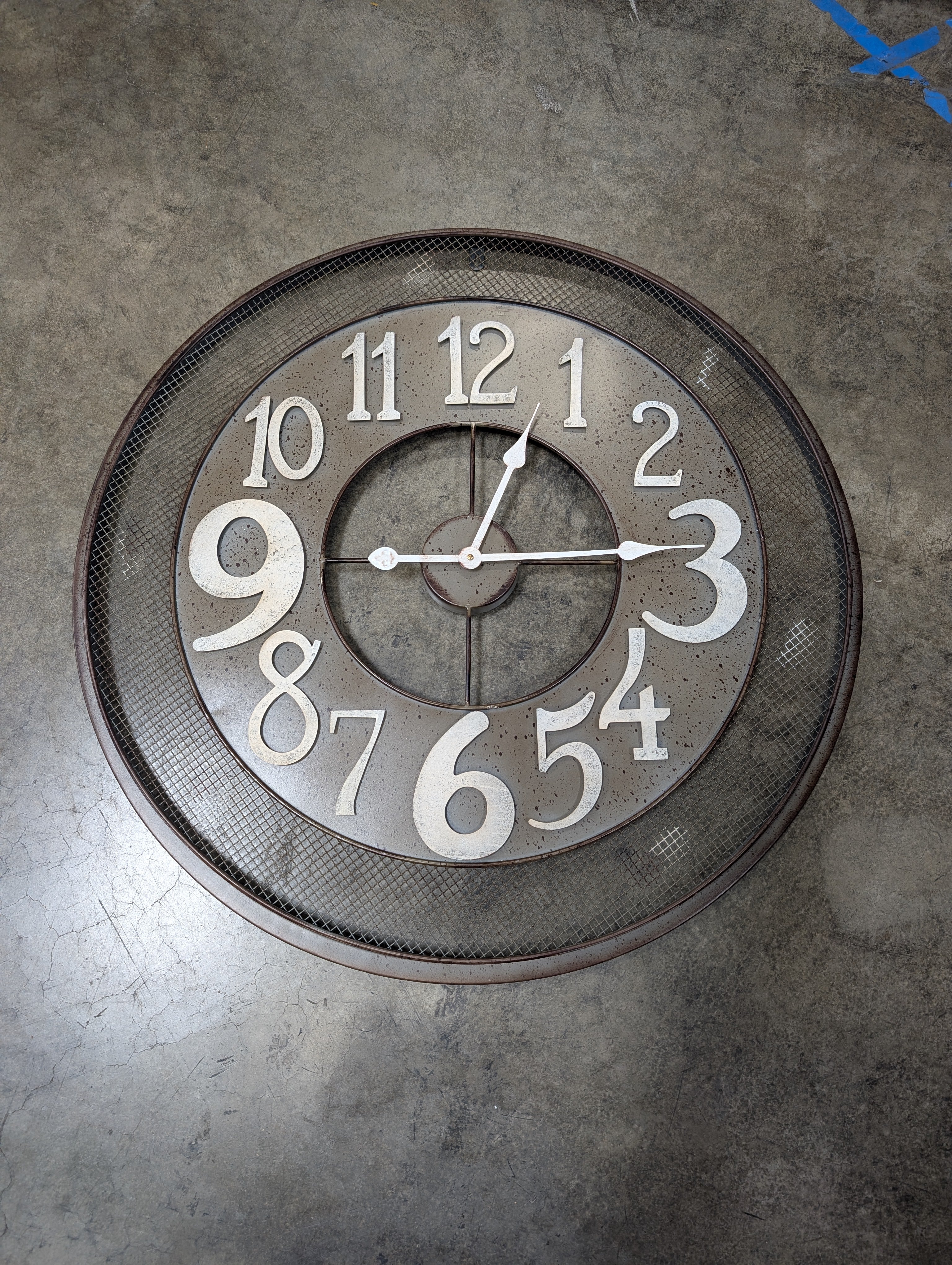 Oversized Industrial Farmhouse Metal Wall Clock with Mesh Detail