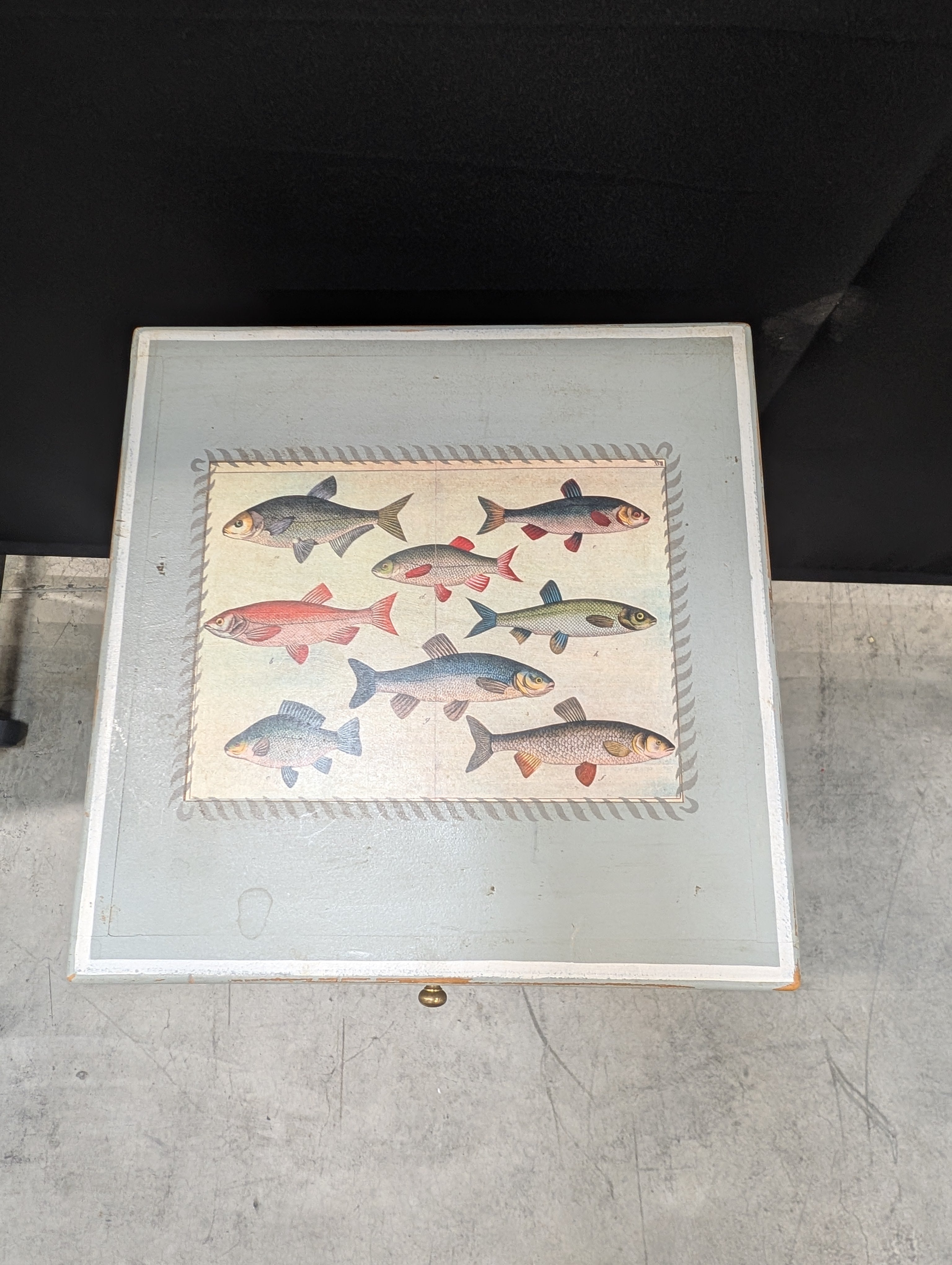 Decorative Wooden Box with Fish Motif on Wrought Iron Stand