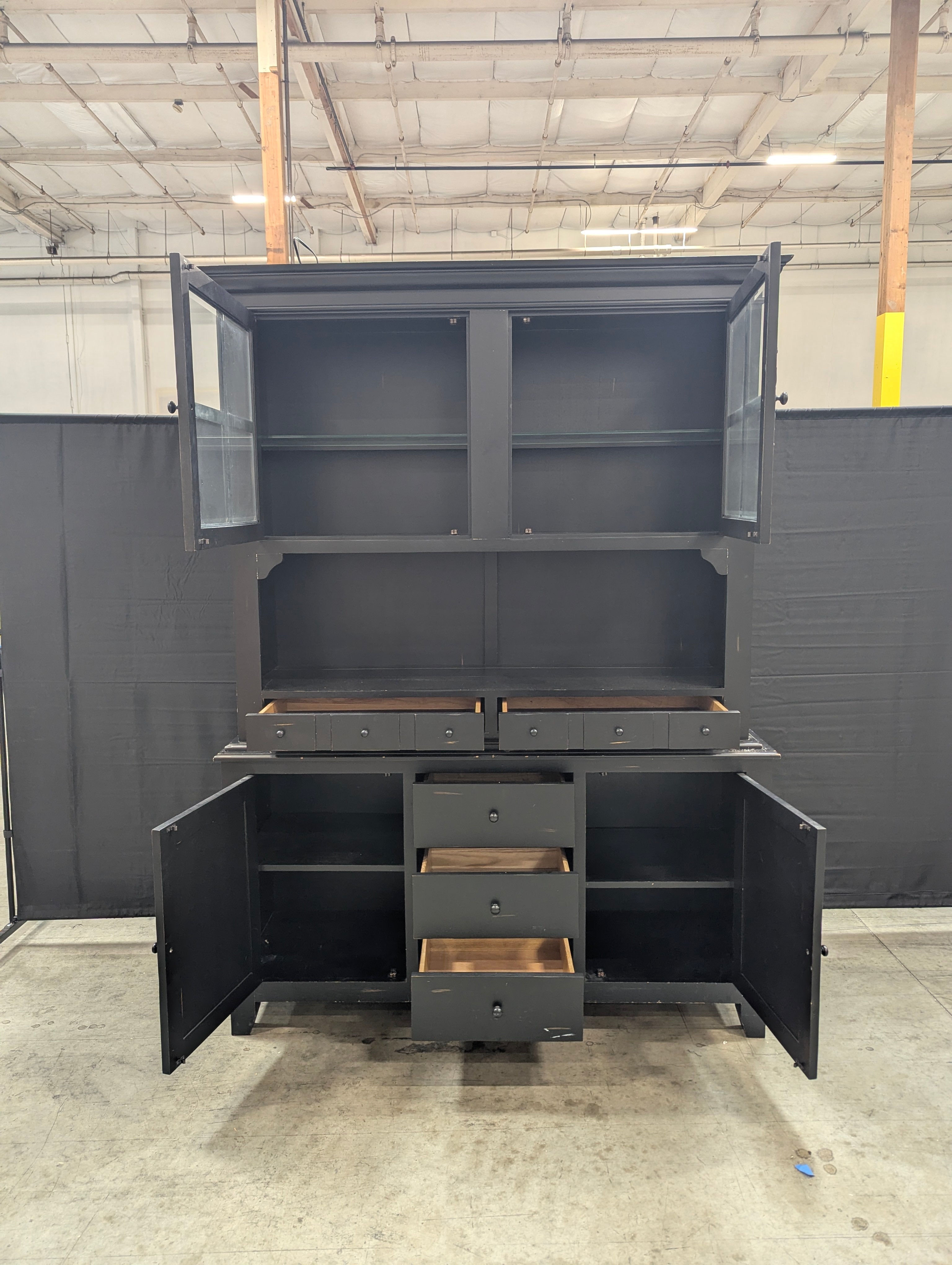 Large Black Farmhouse Display Hutch Cabinet