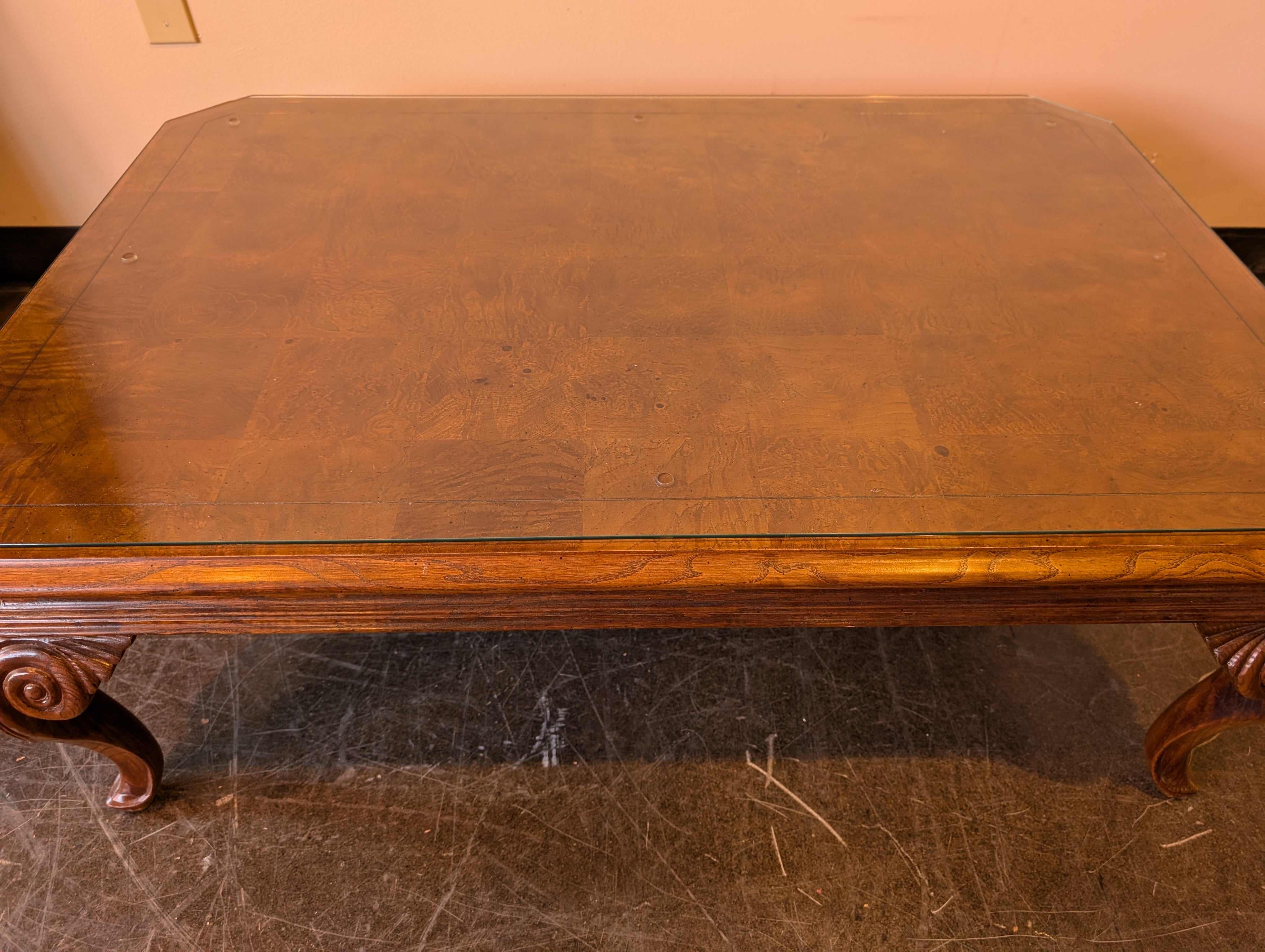 Henredon Traditional Burl Wood Veneer Coffee Table with Glass Top