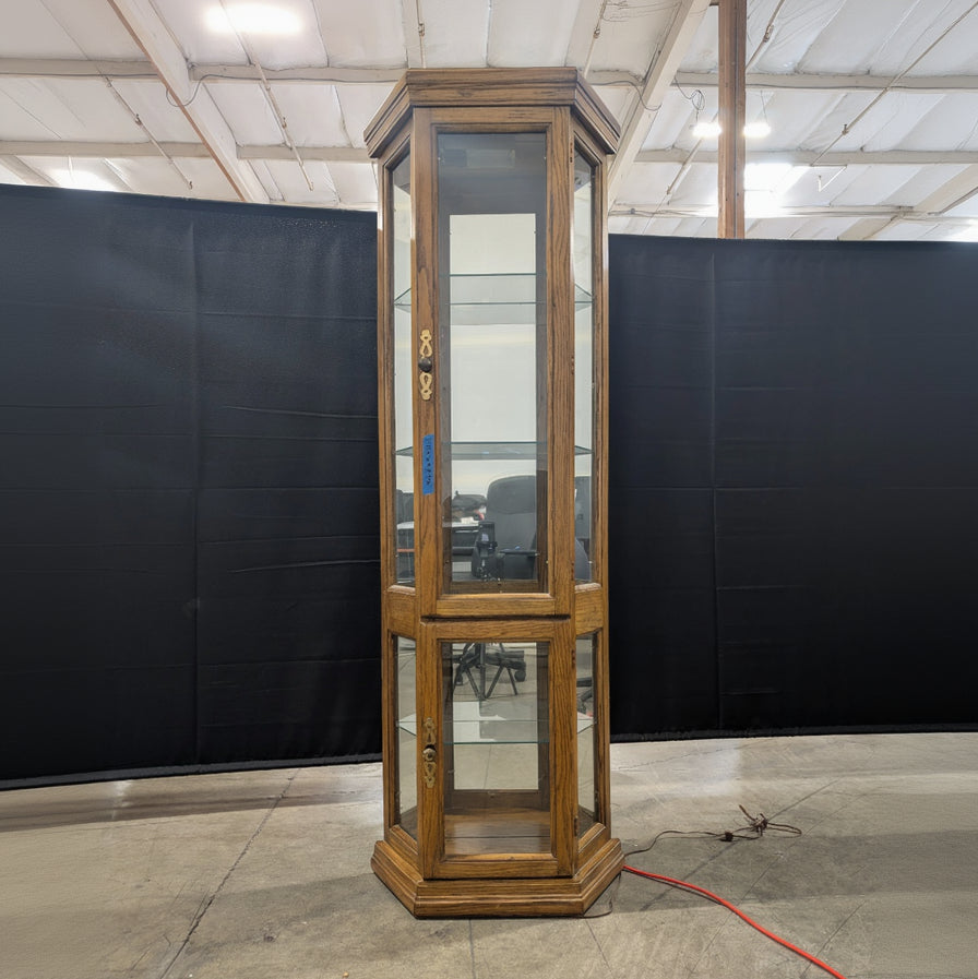 Oak Wood Tall China Cabinet with Glass Shelves