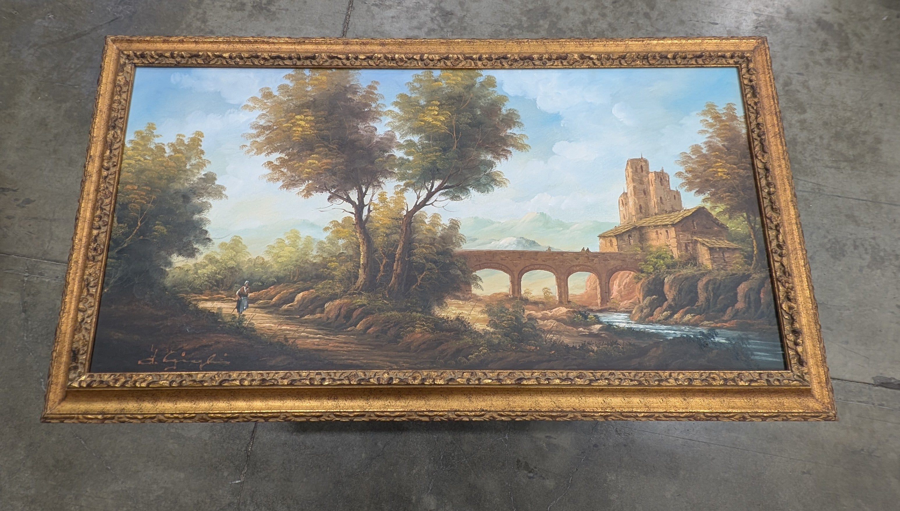 Large Ornate Gilded Frame Scenic Landscape Painting