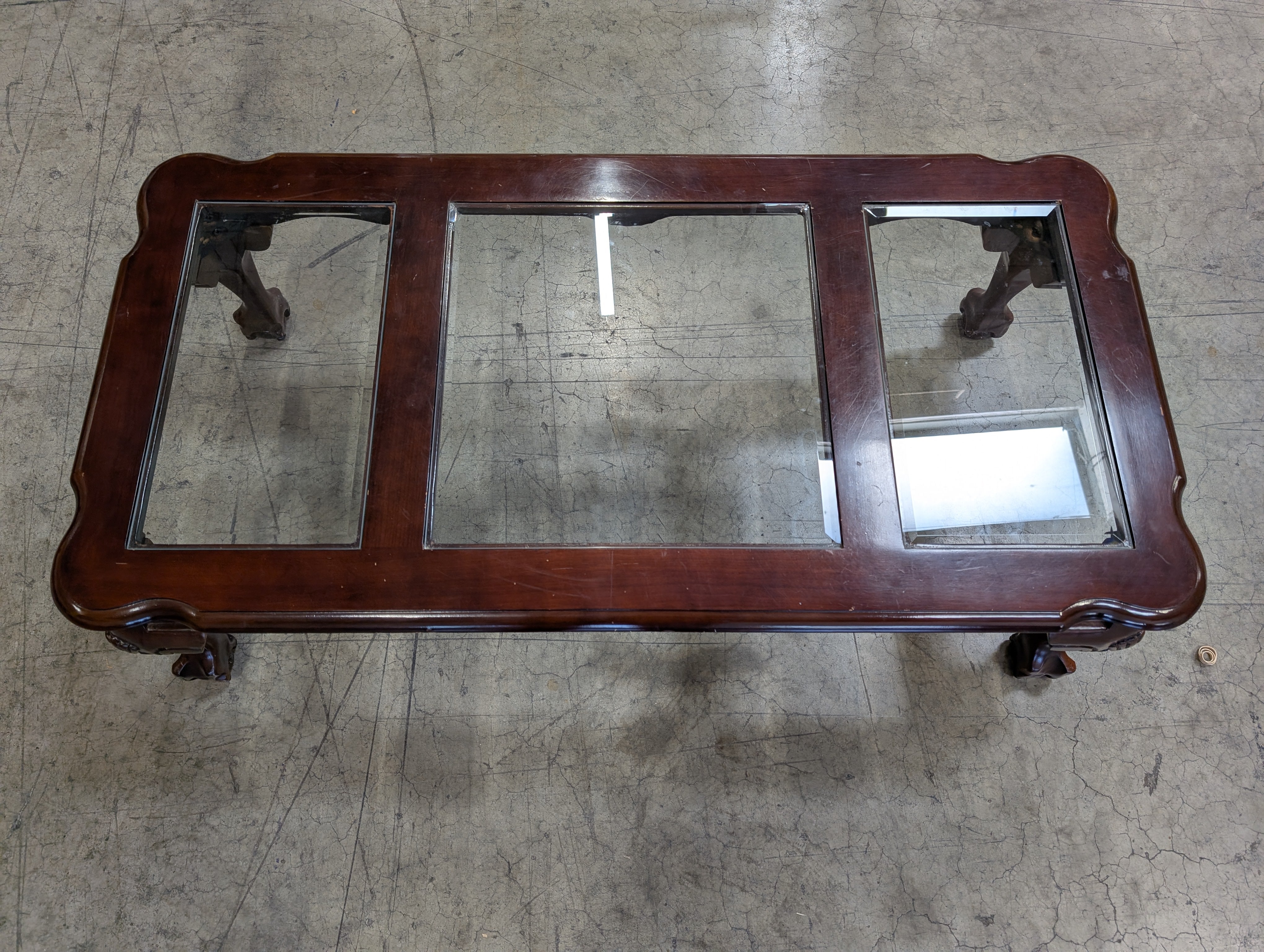 Dark Wood Rectangular Coffee Table with Three Glass Panels