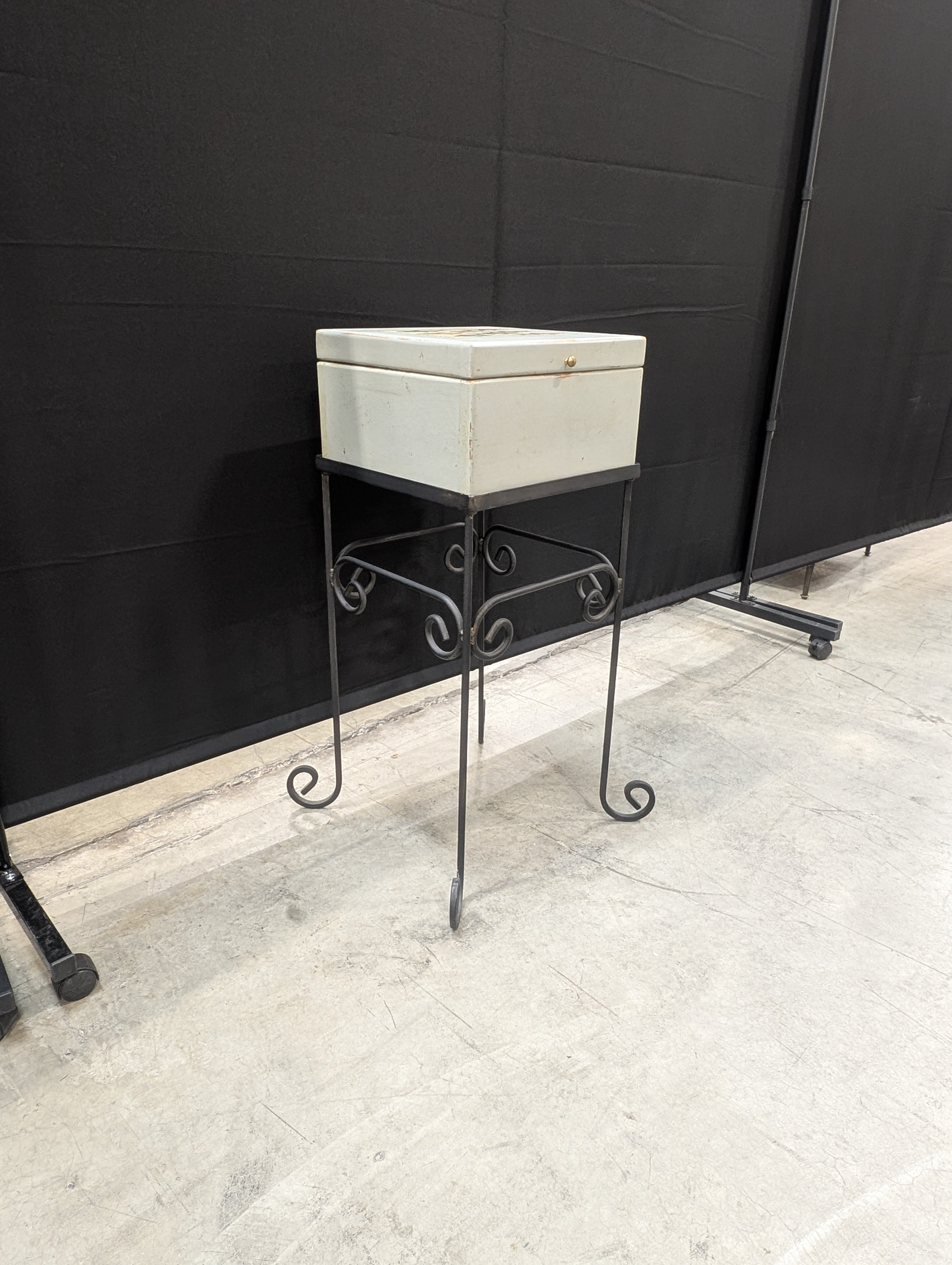 Decorative Wooden Box with Fish Motif on Wrought Iron Stand