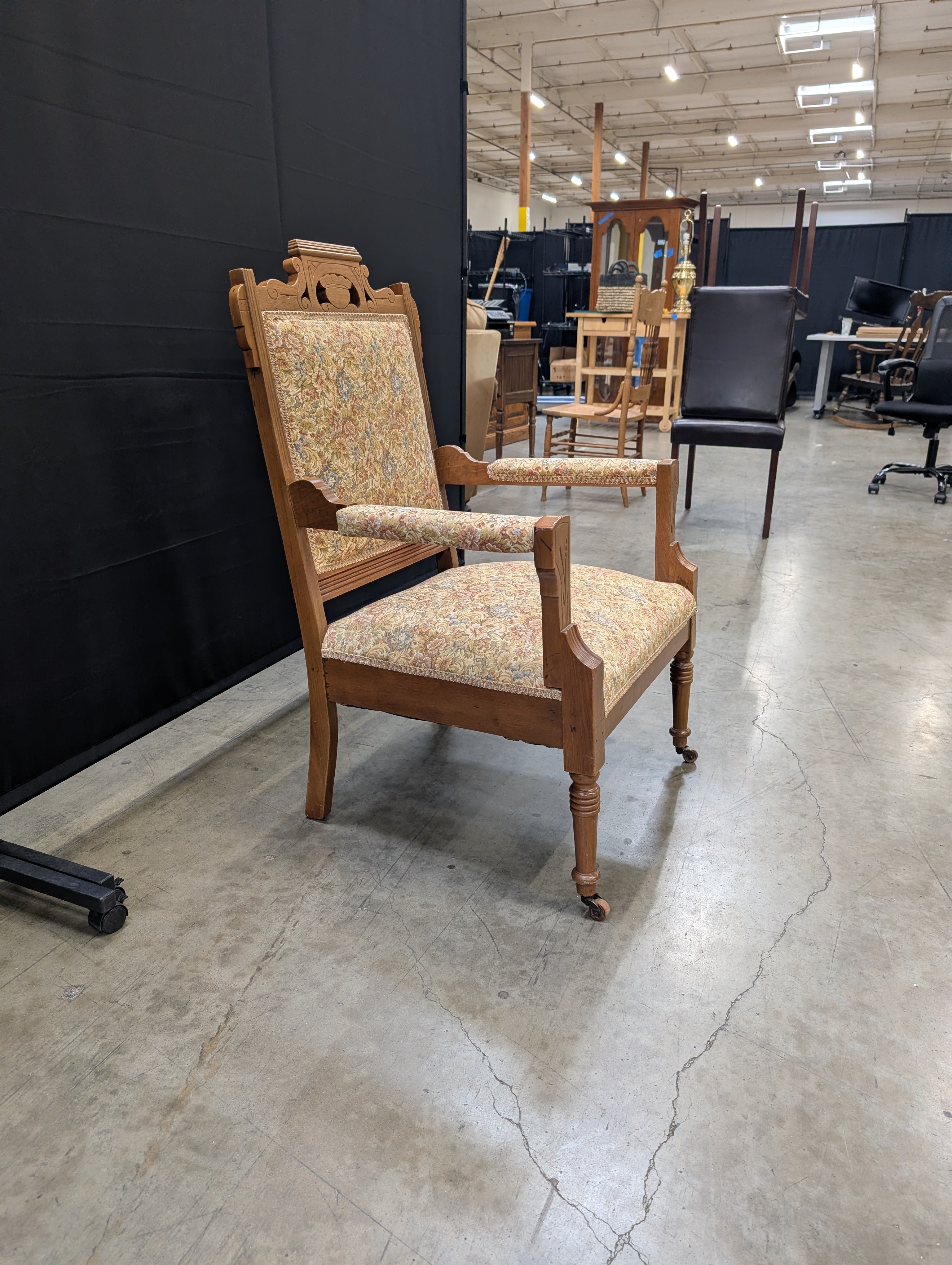 Vintage Carved Wood Armchair with Floral Upholstery