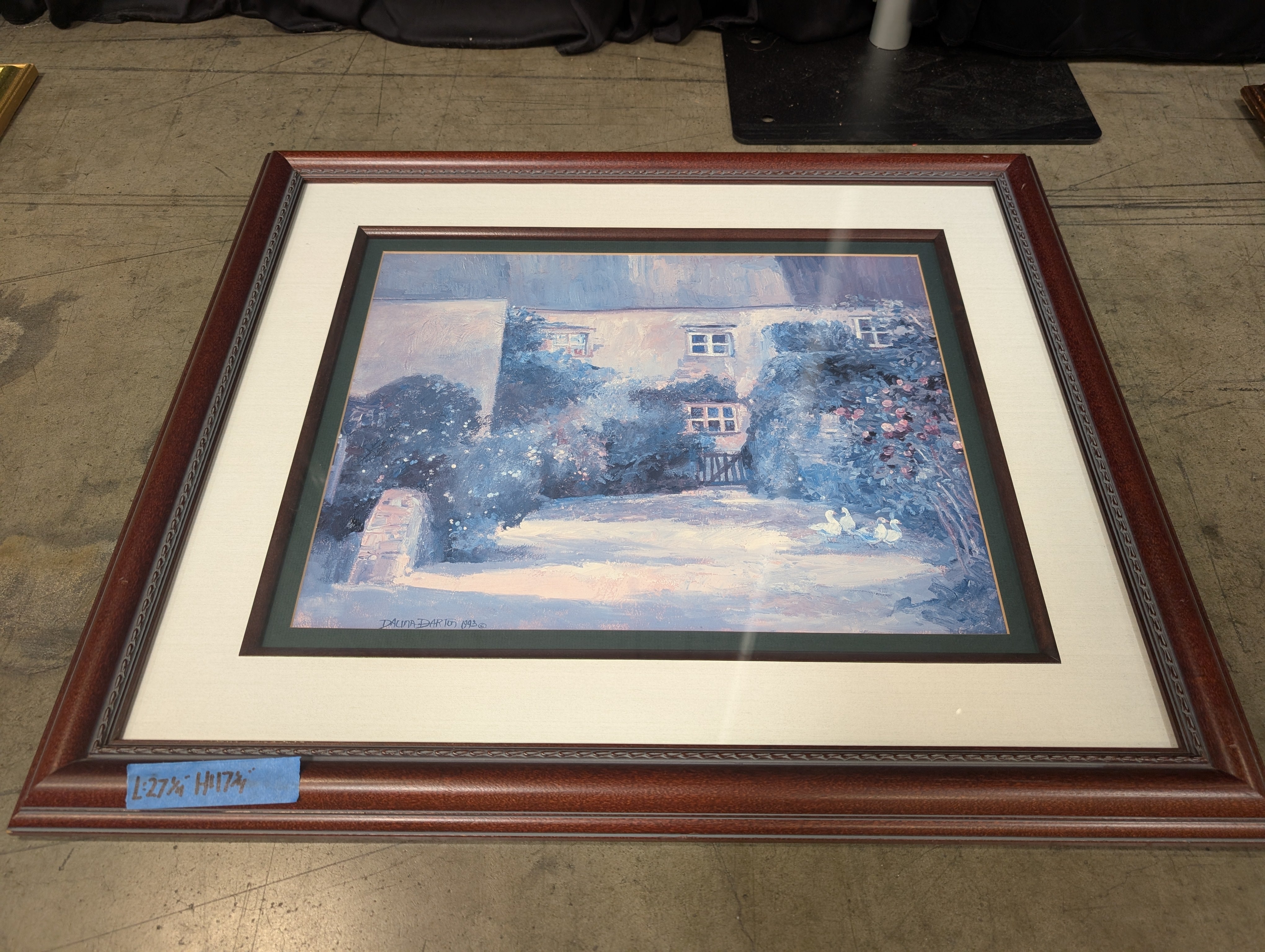 Cottage Courtyard Landscape Framed Print in Wood