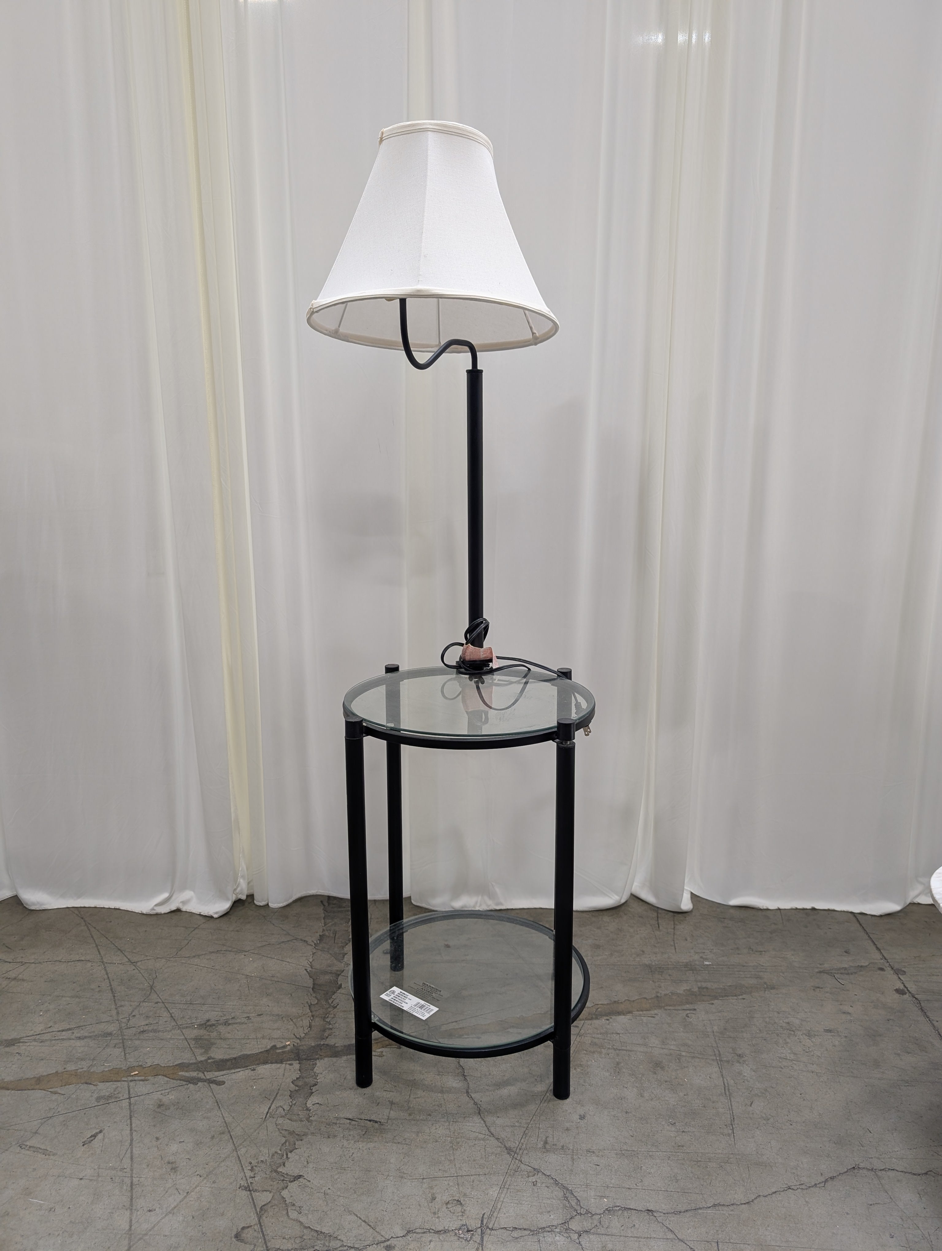 Black Metal Floor Lamp with White Shade Round Glass End Table
