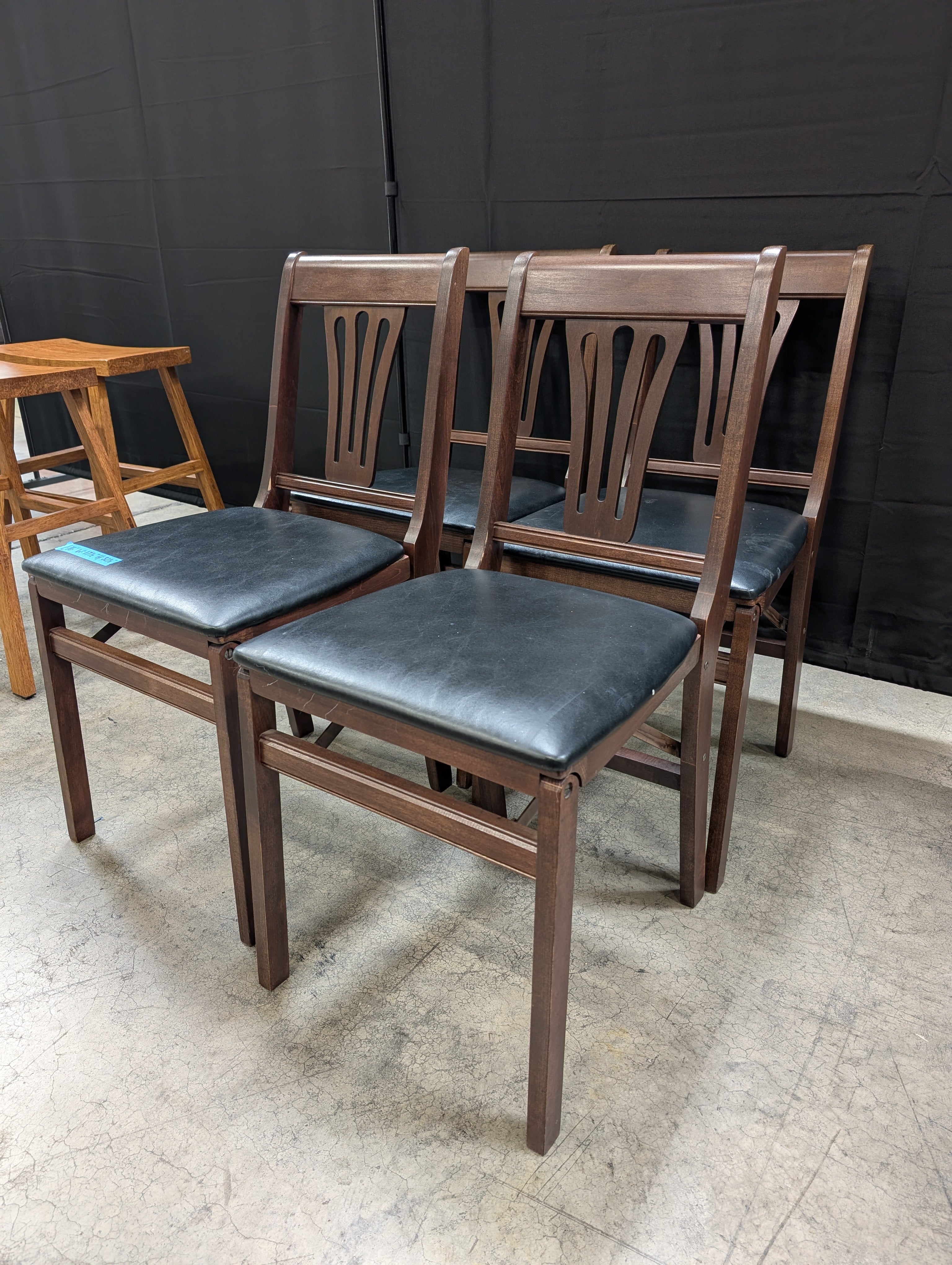 Set of Four Dark Brown Wood Folding Dining Chair with Black Seat