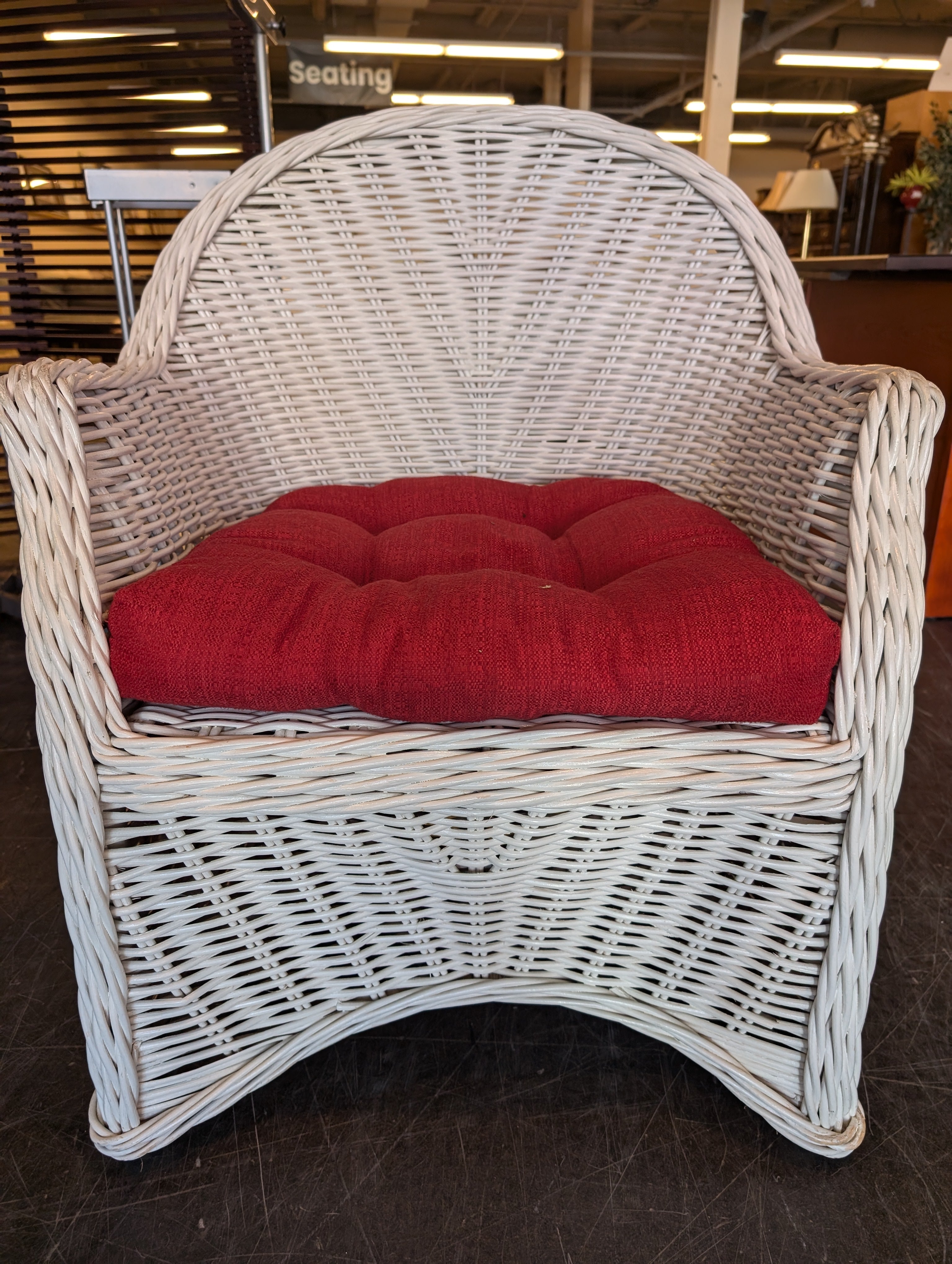 White Woven Wicker Chair with Red Seat Cushion