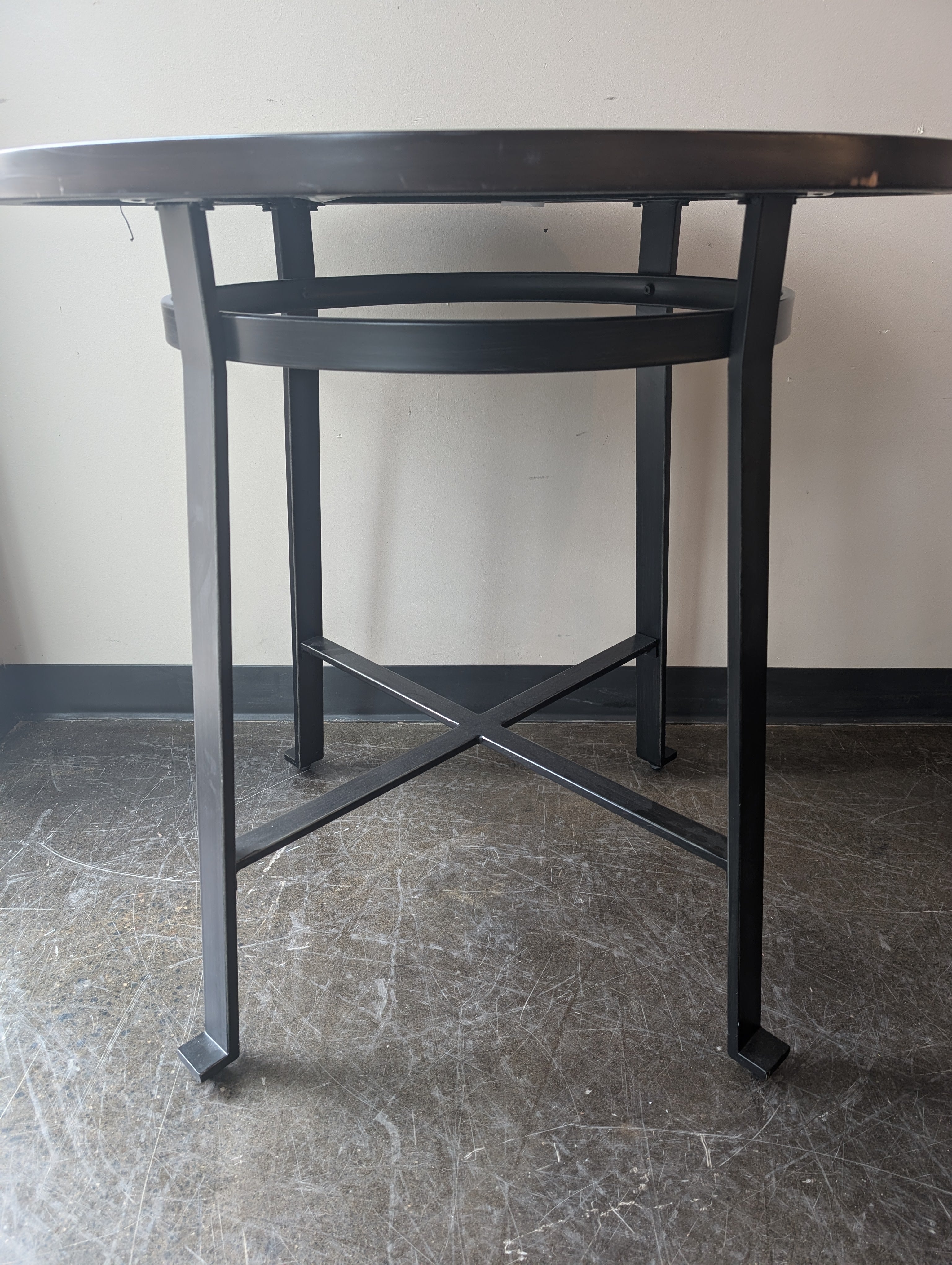 Contemporary Round Pub Table with Dark Wood Top and Metal Base