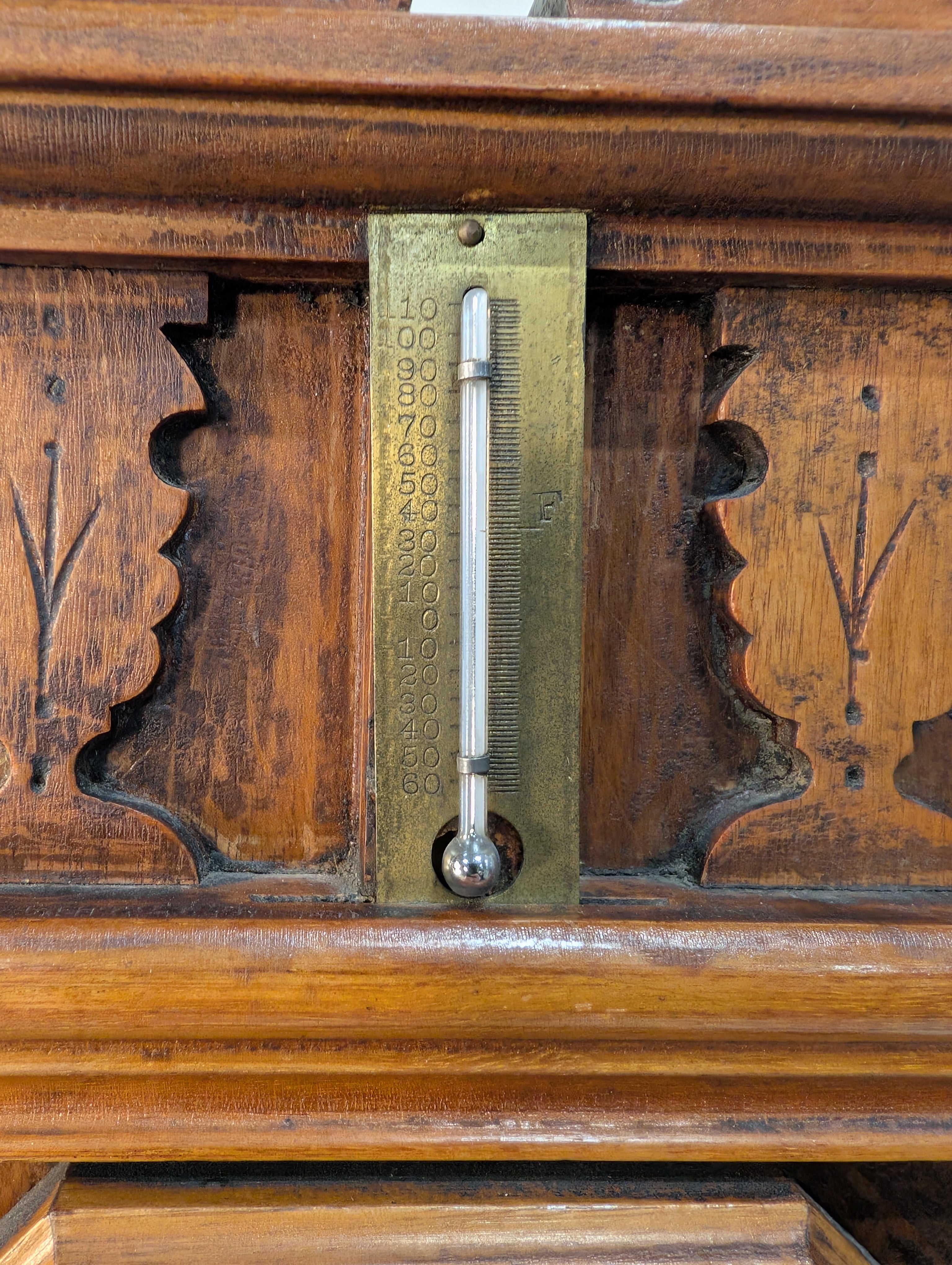 Vintage Carved Wood Mantel Clock with Pendulum and Thermometer