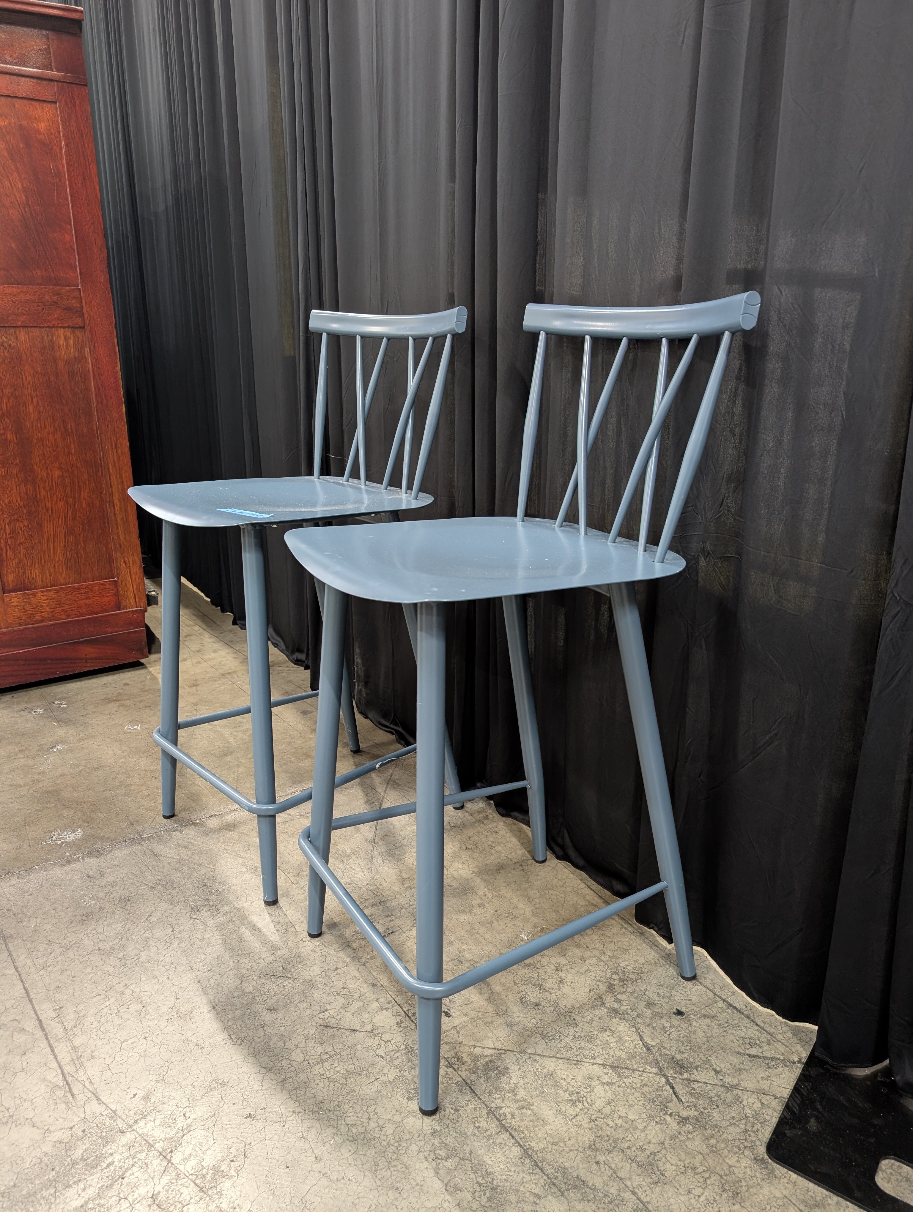 Pair of Blue Metal Cross-Back Bar Stool