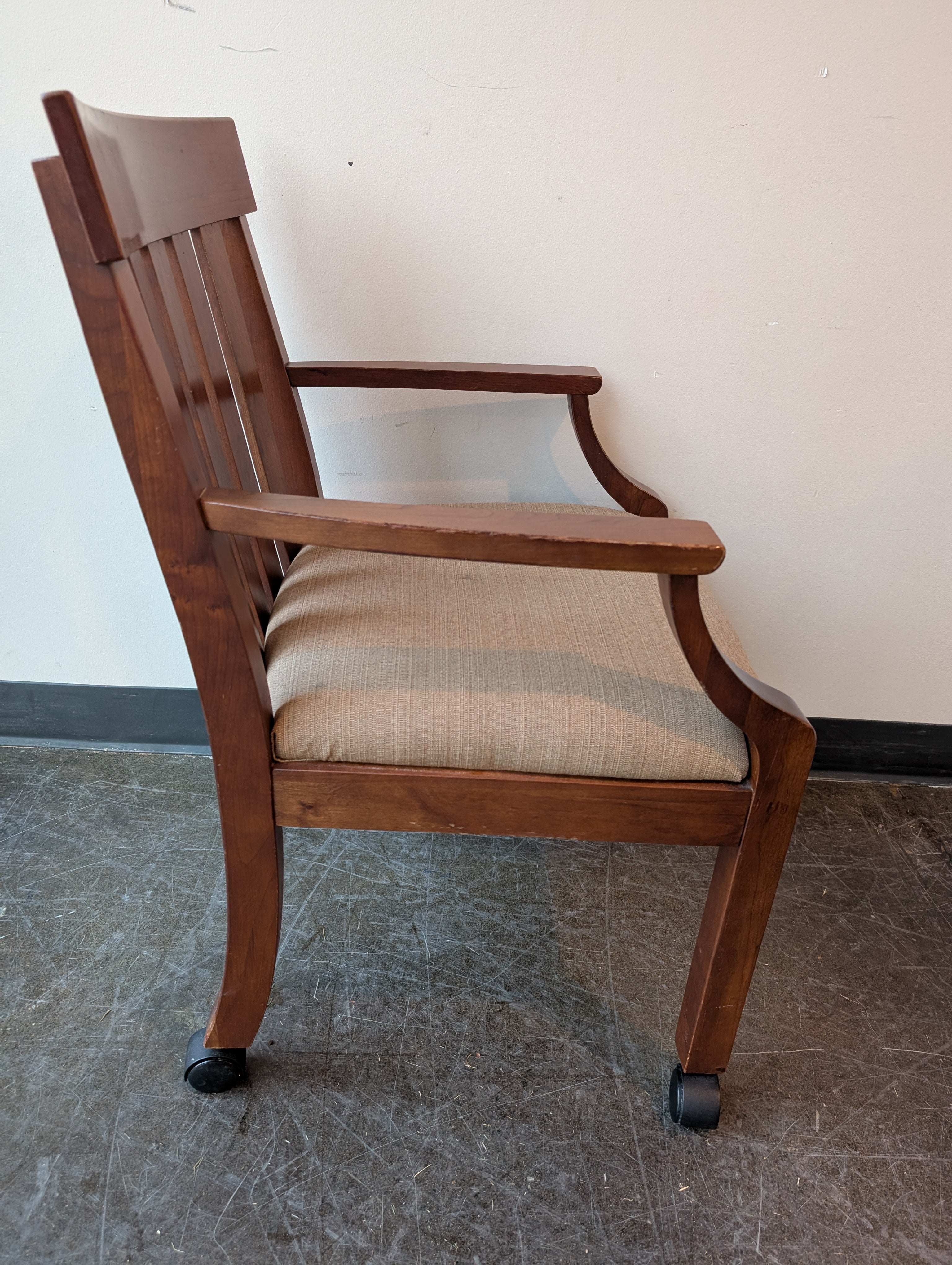 Brown Wood Armchair with Slatted Back and Upholstered Seat