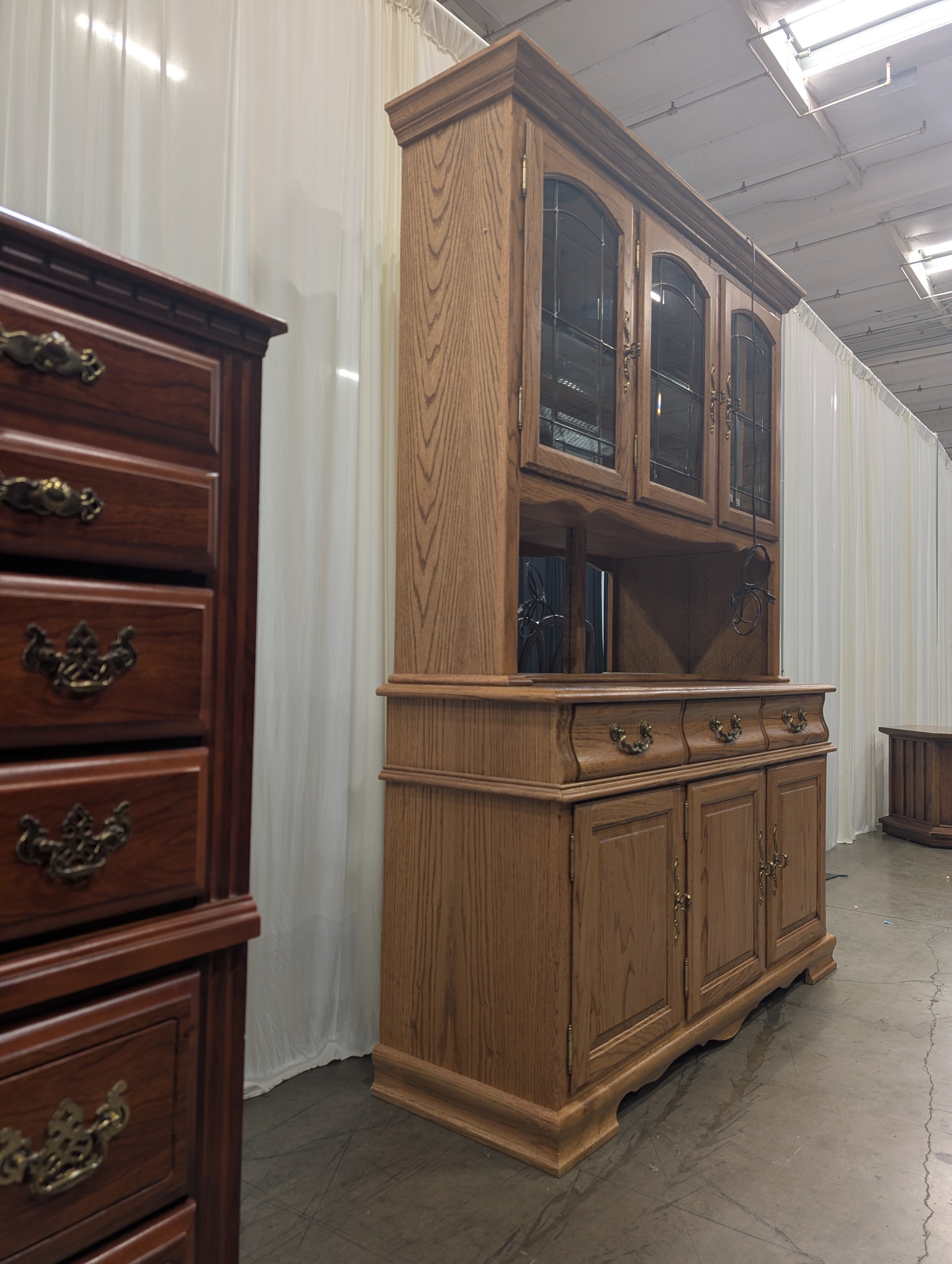 Golden Oak China Cabinet with Leaded Glass