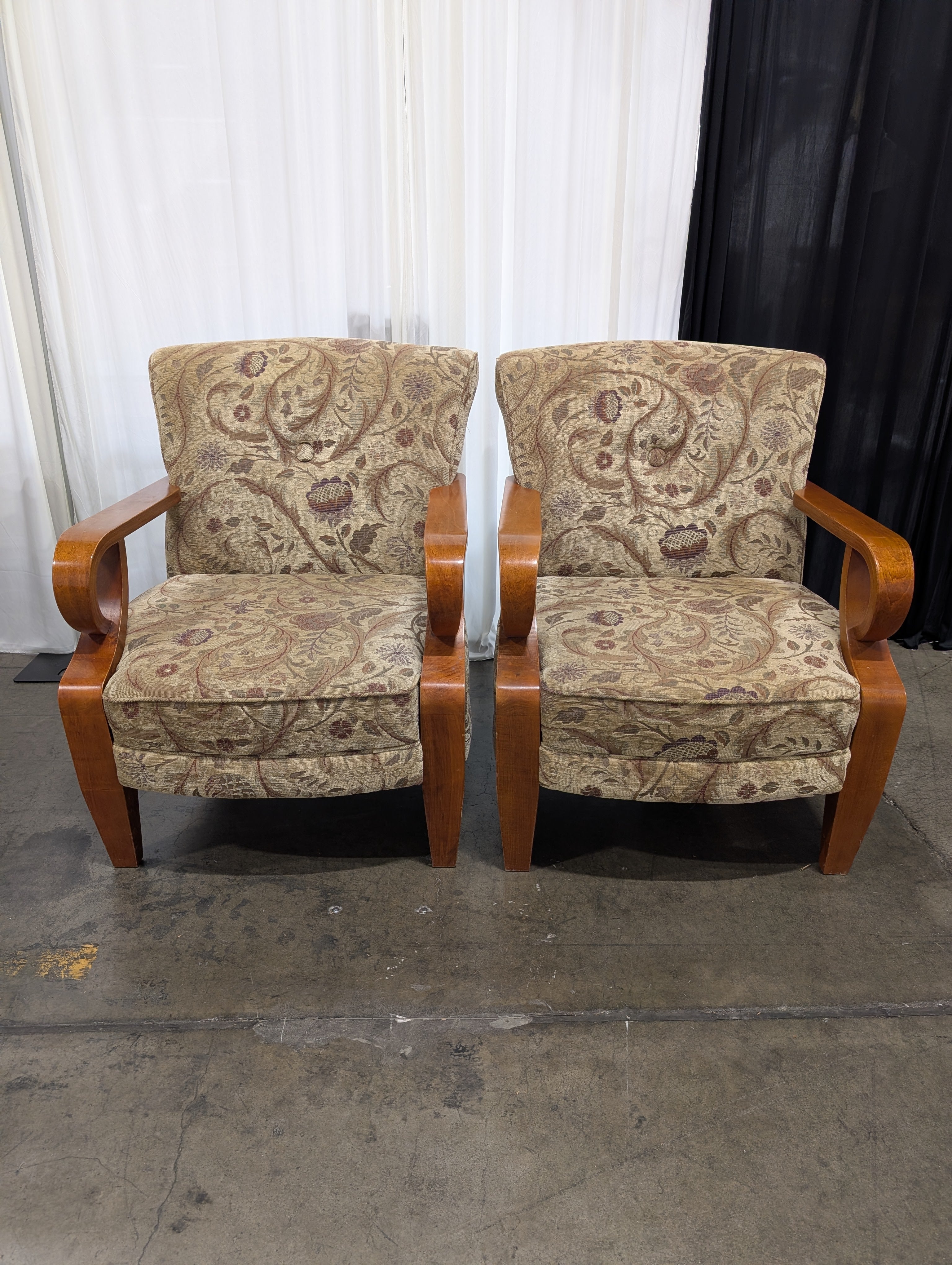 Pair of Vintage Floral Upholstered Armchair with Curved Wood Arms