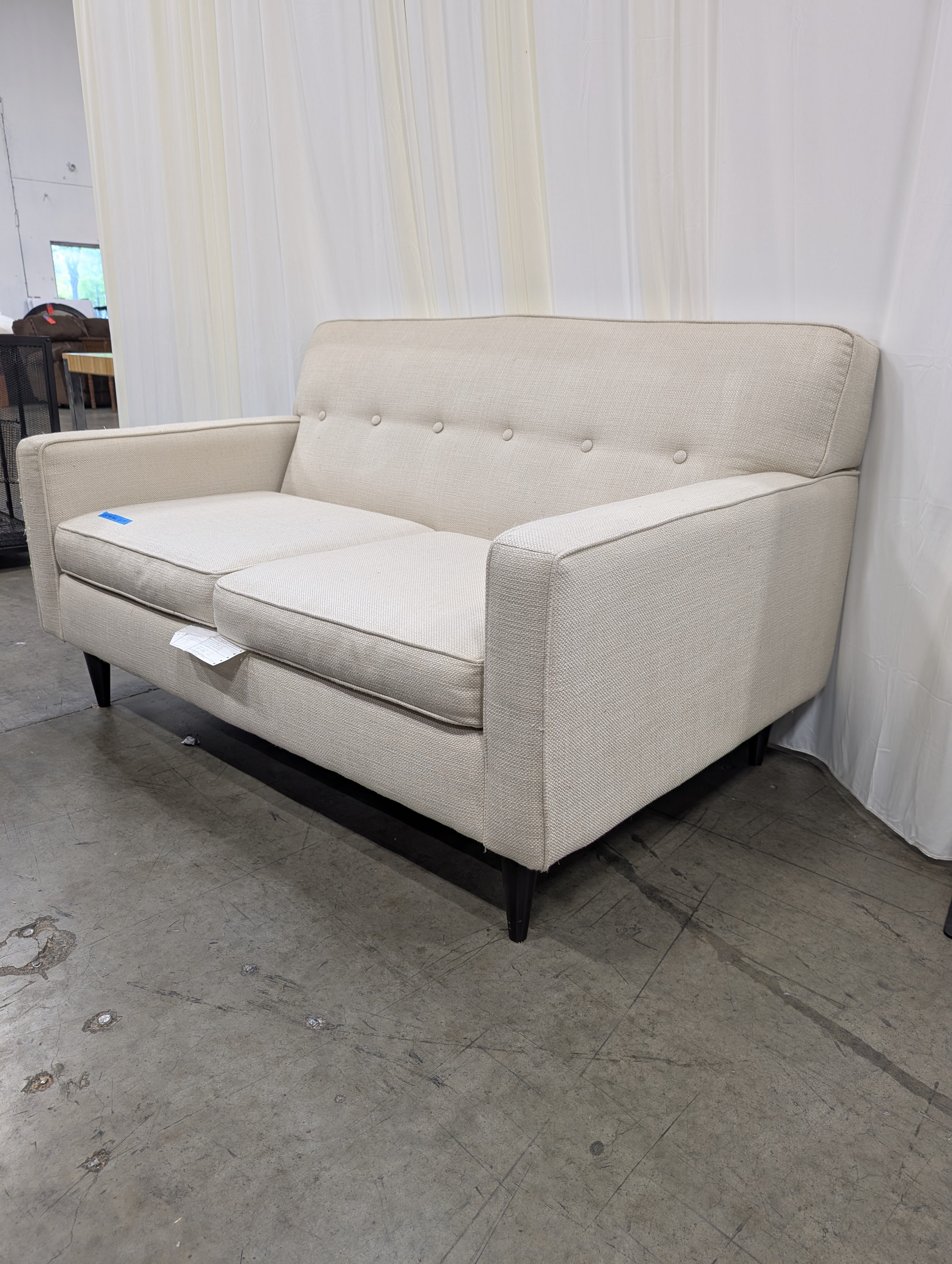Mid-Century Cream Fabric Loveseat with Tufted Back