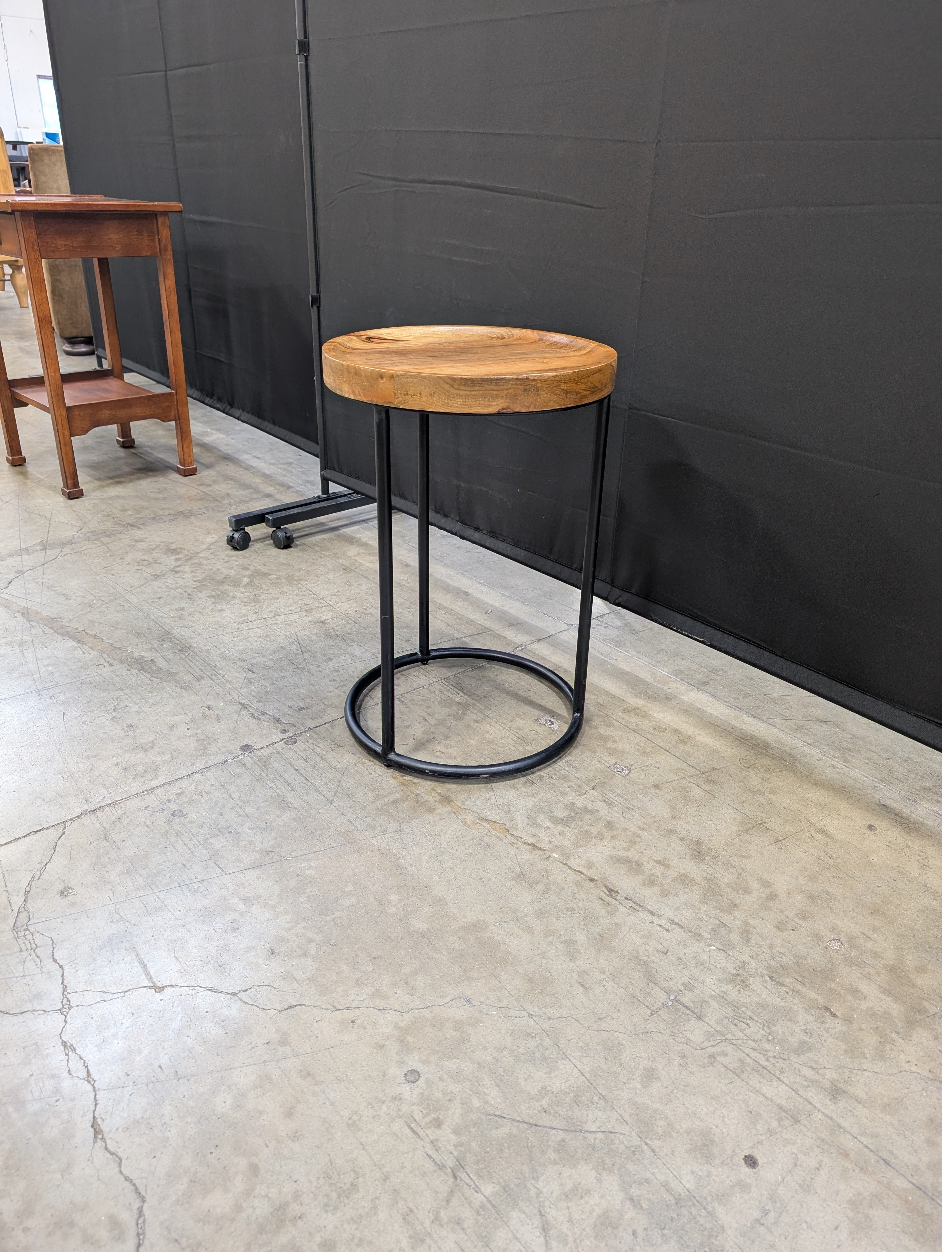 Rustic Wood Top Industrial Metal Stool Side Table