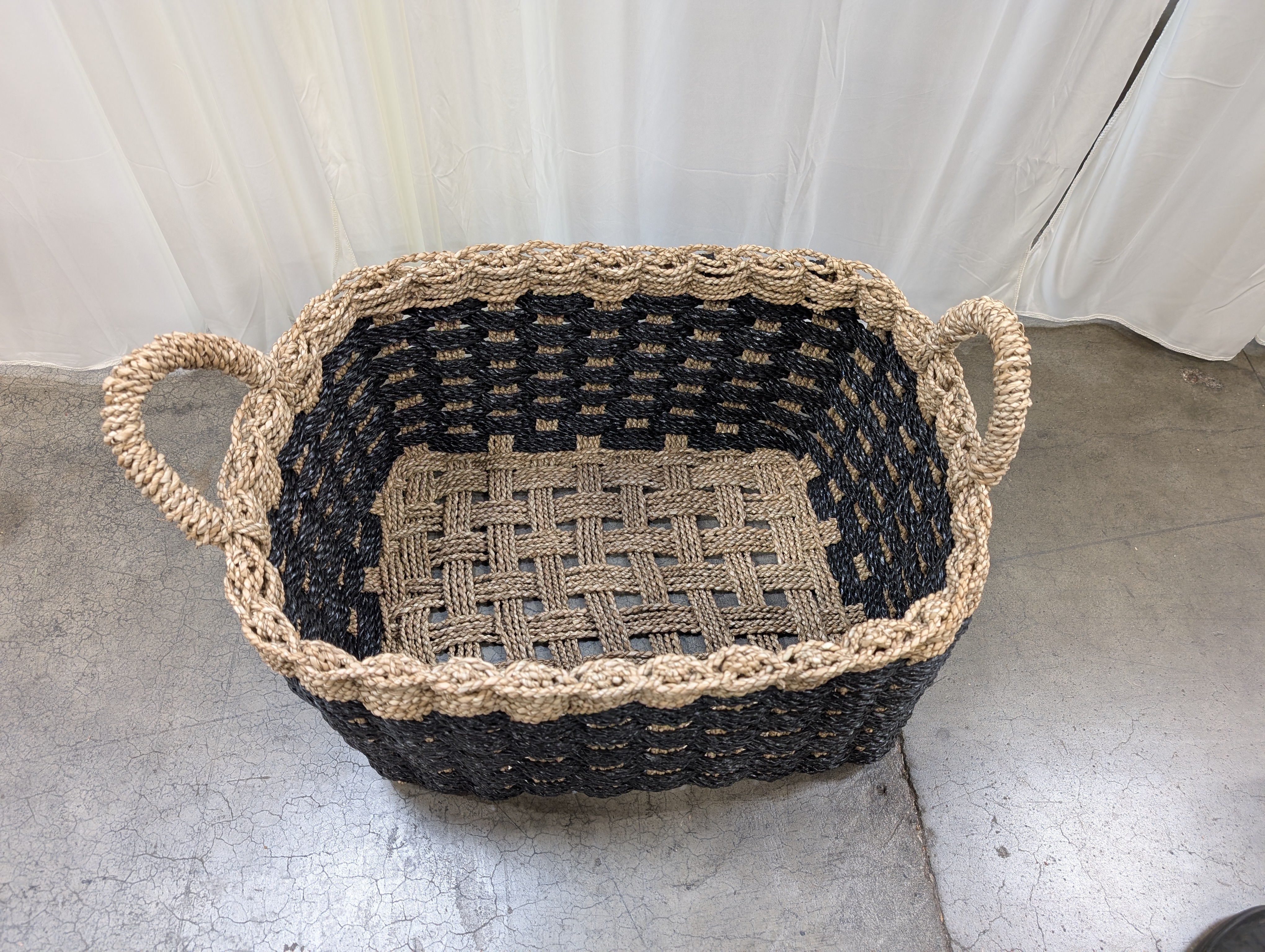 Two-Tone Woven Rectangular Basket with Handles