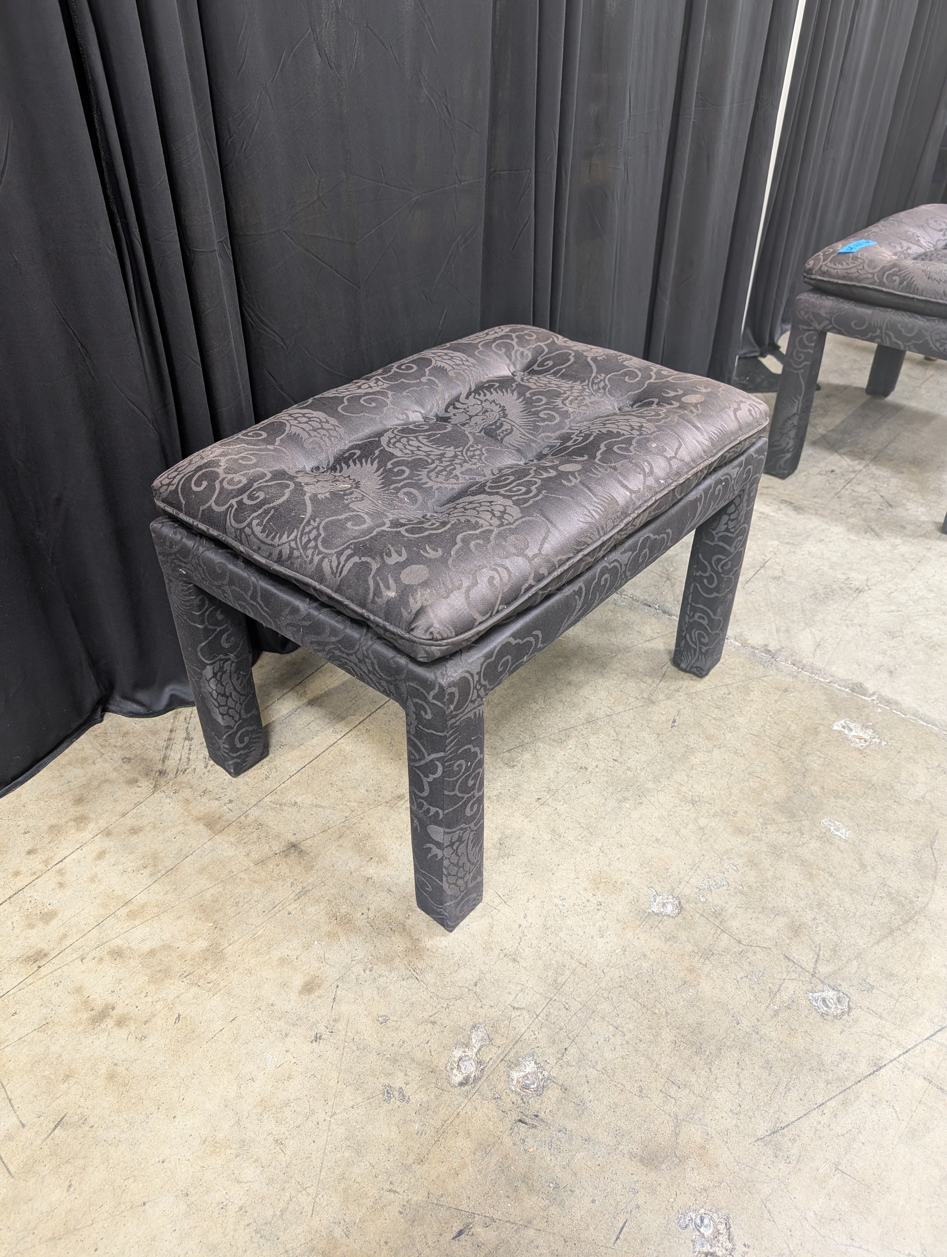 Patterned Dark Brown Fabric Ottoman with Tufted Cushion