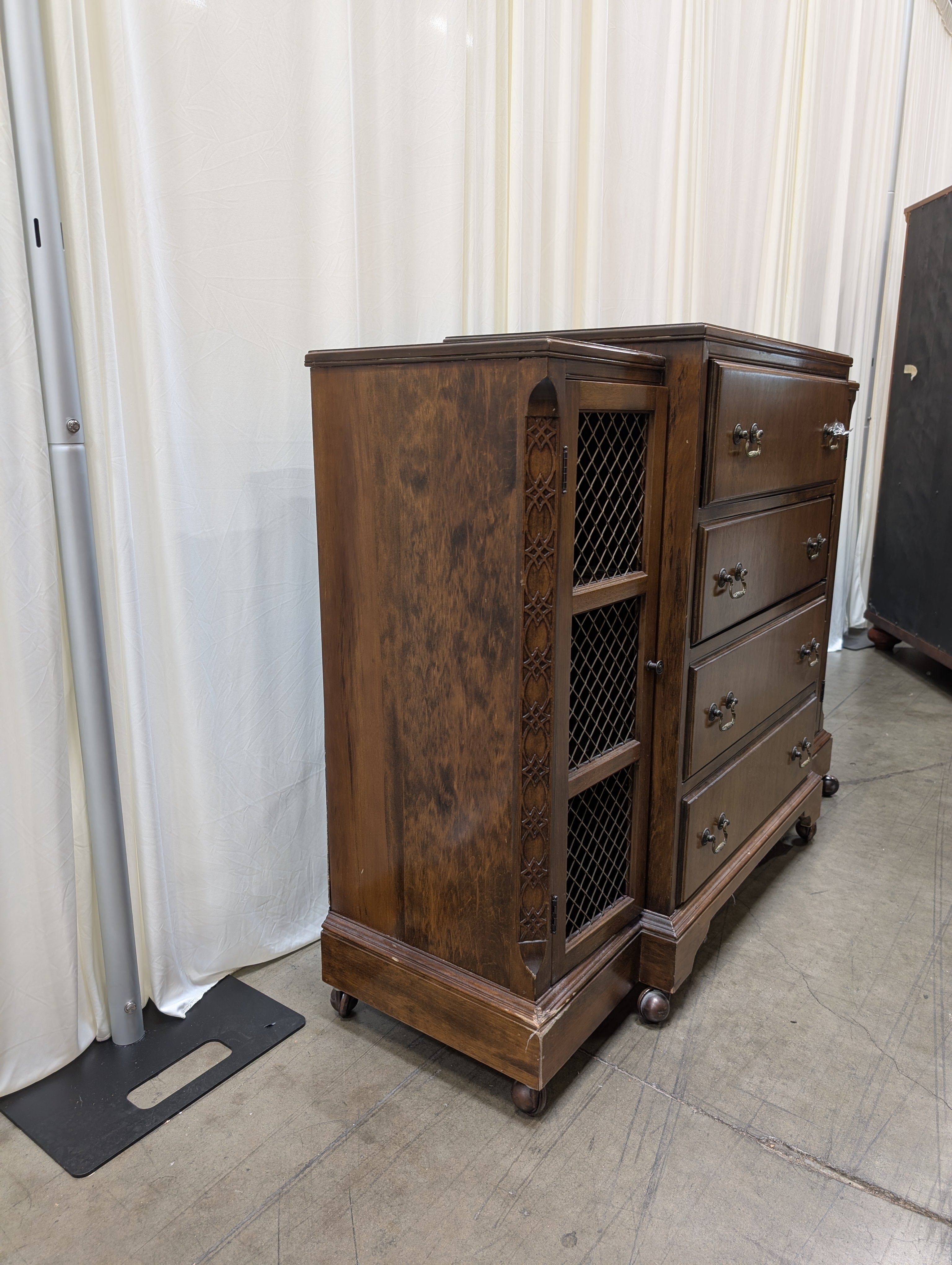 Vintage Stepped Top Wood Secretary Desk with Mesh Doors