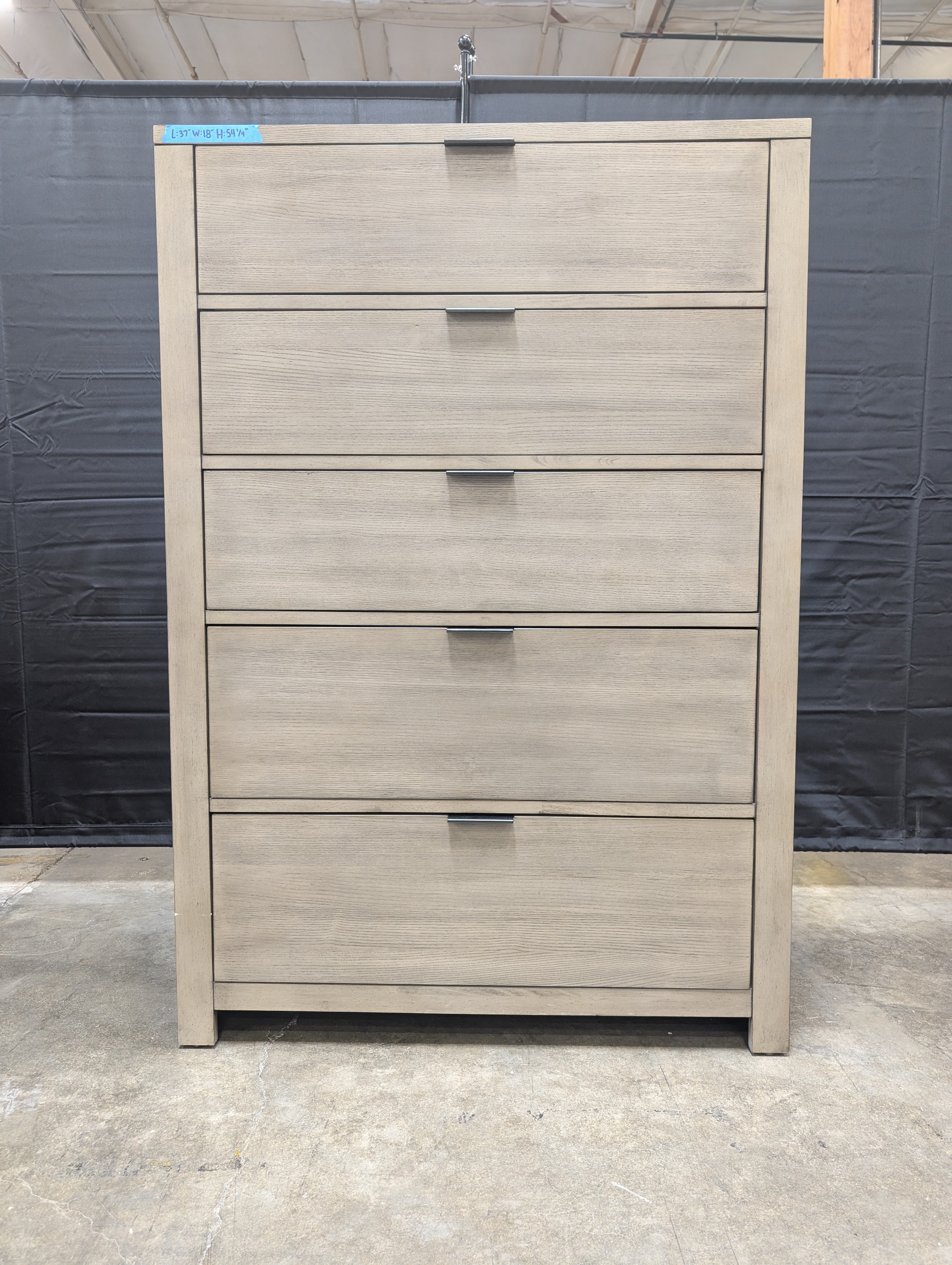 Grey Wood Five-Drawer Dresser with Metal Pulls