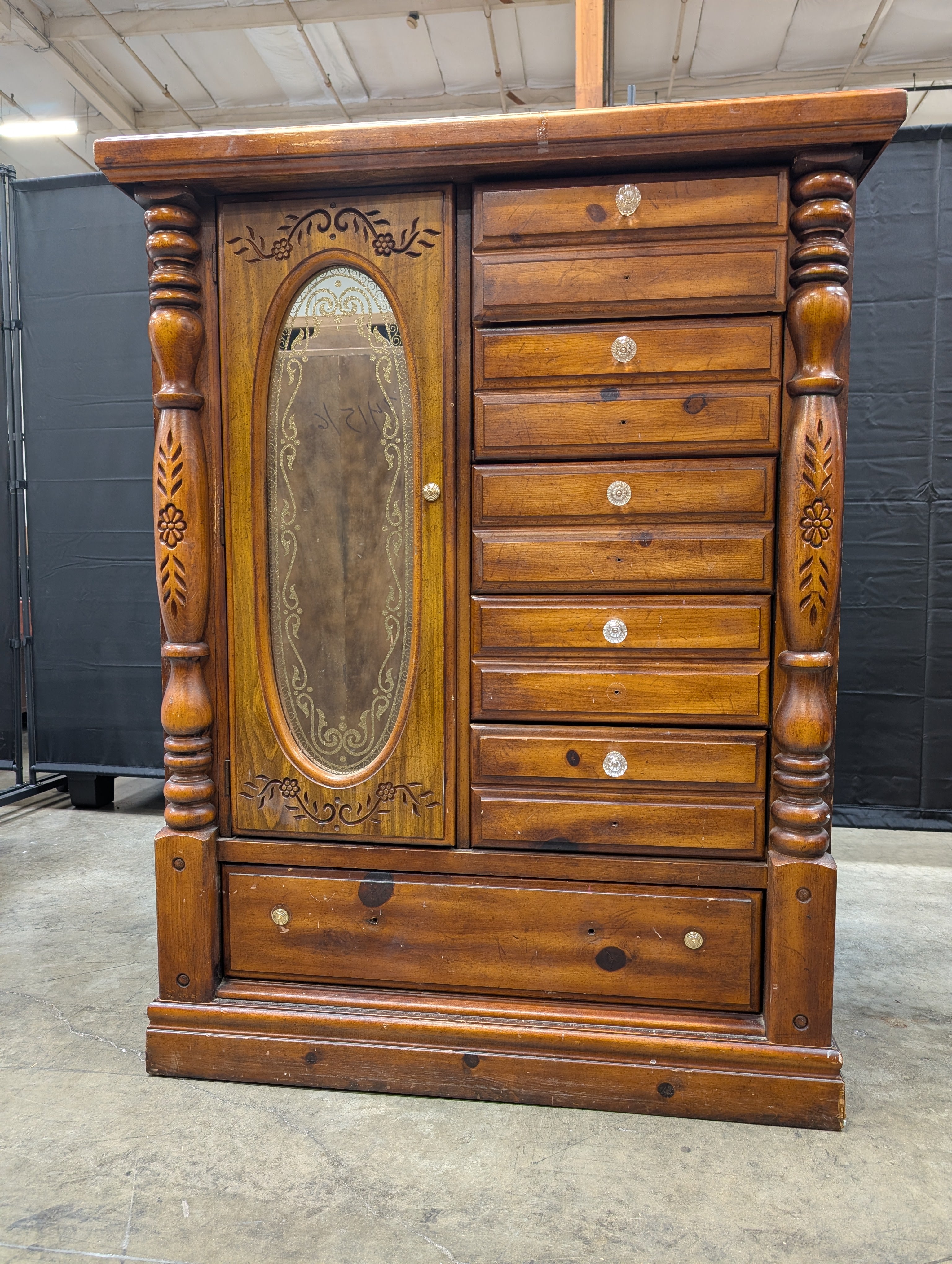 Traditional Hardwood Armoire with Mirrored Door and Carved Details