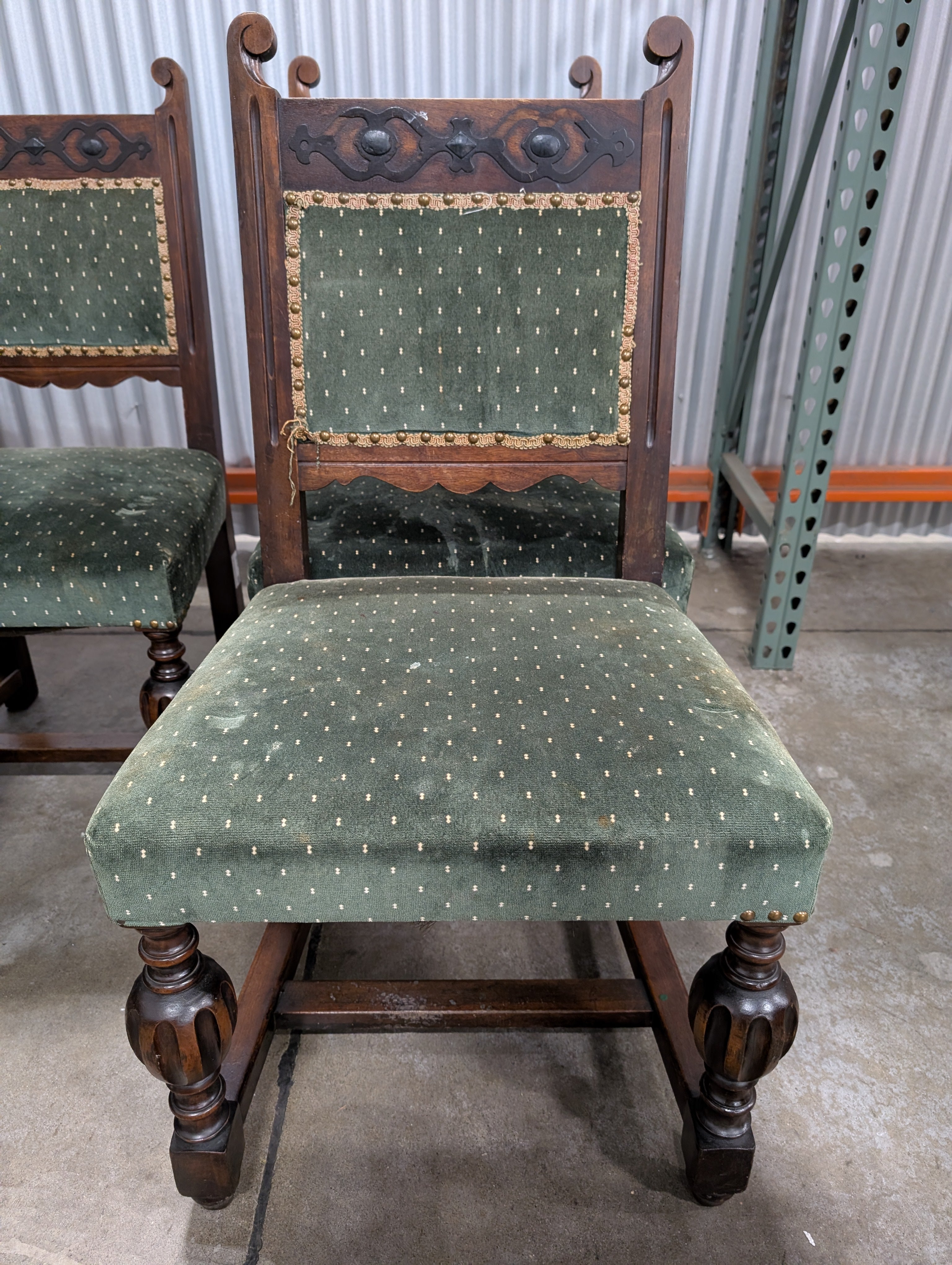 Set of Five- Vintage Carved Wood Accent Chair with Green Upholstery