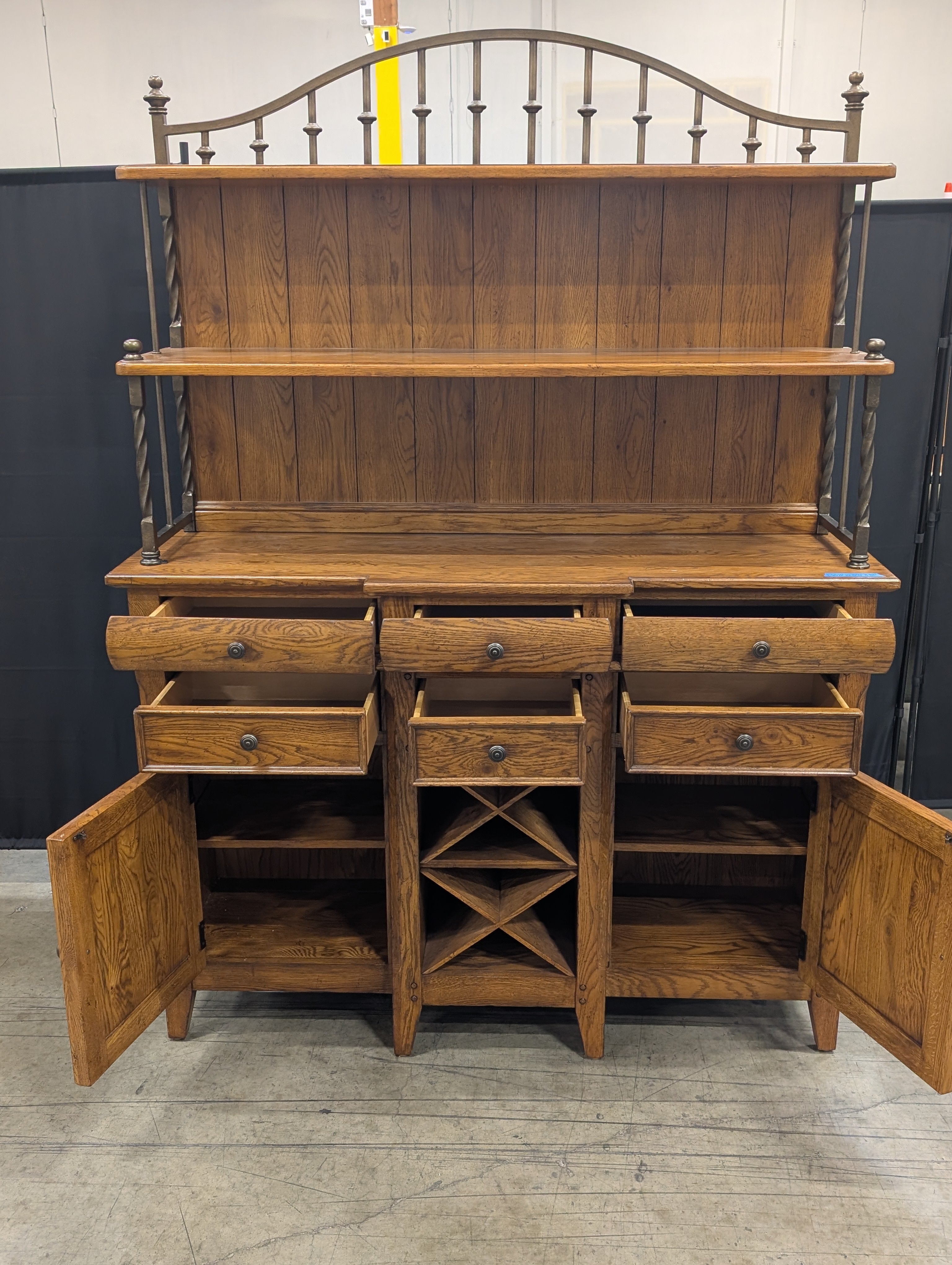 Thomasville Rustic Wood and Dark Metal Hutch Cabinet with Wine Rack