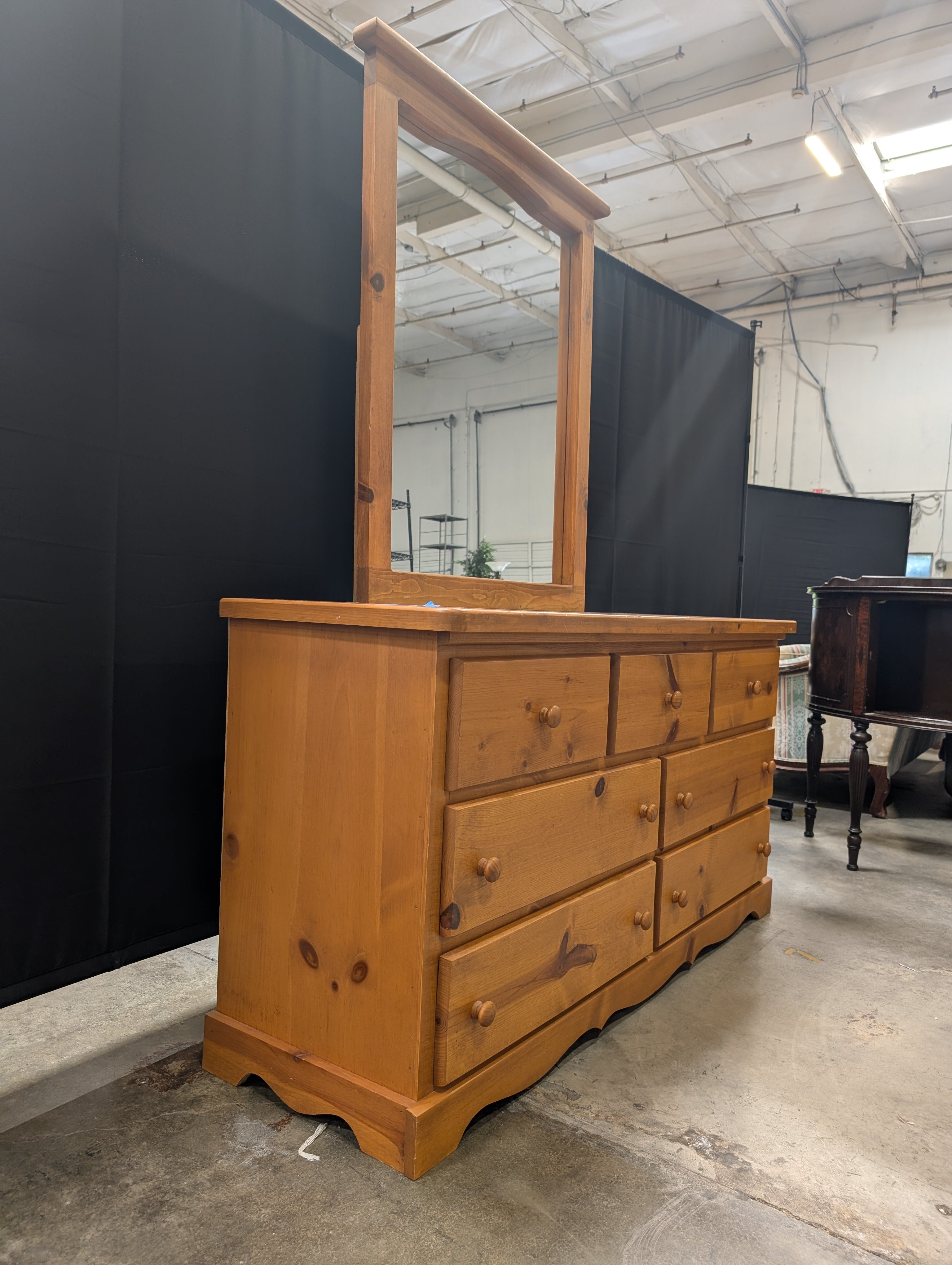 Solid Wood Dresser with Matching Arched Mirror, Honey Pine Finish
