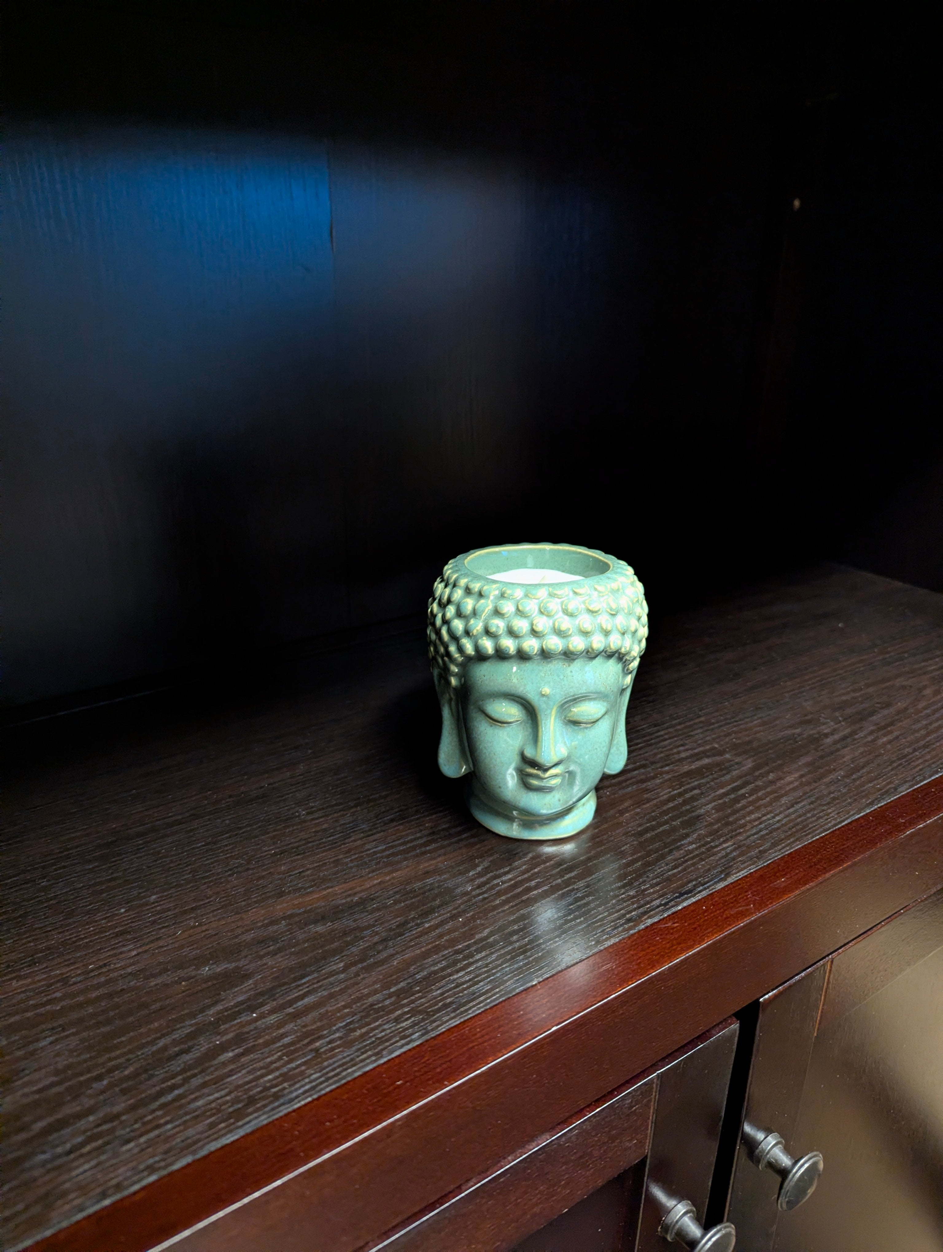 Serene Teal Buddha Head Candle Holders with Faux Succulent Decor Set