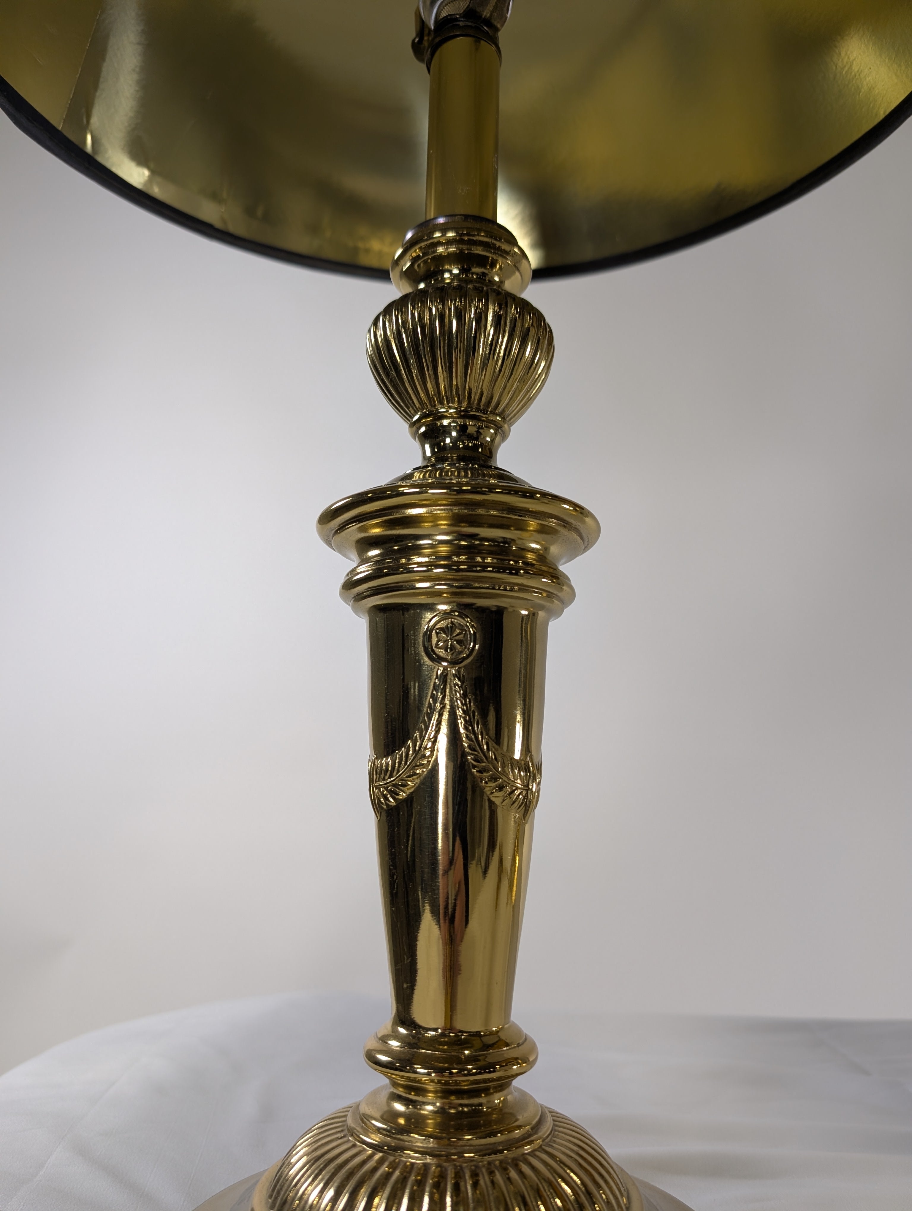 Traditional Ornate Brass Table Lamp with Fluted Details & Black Tapered Shade