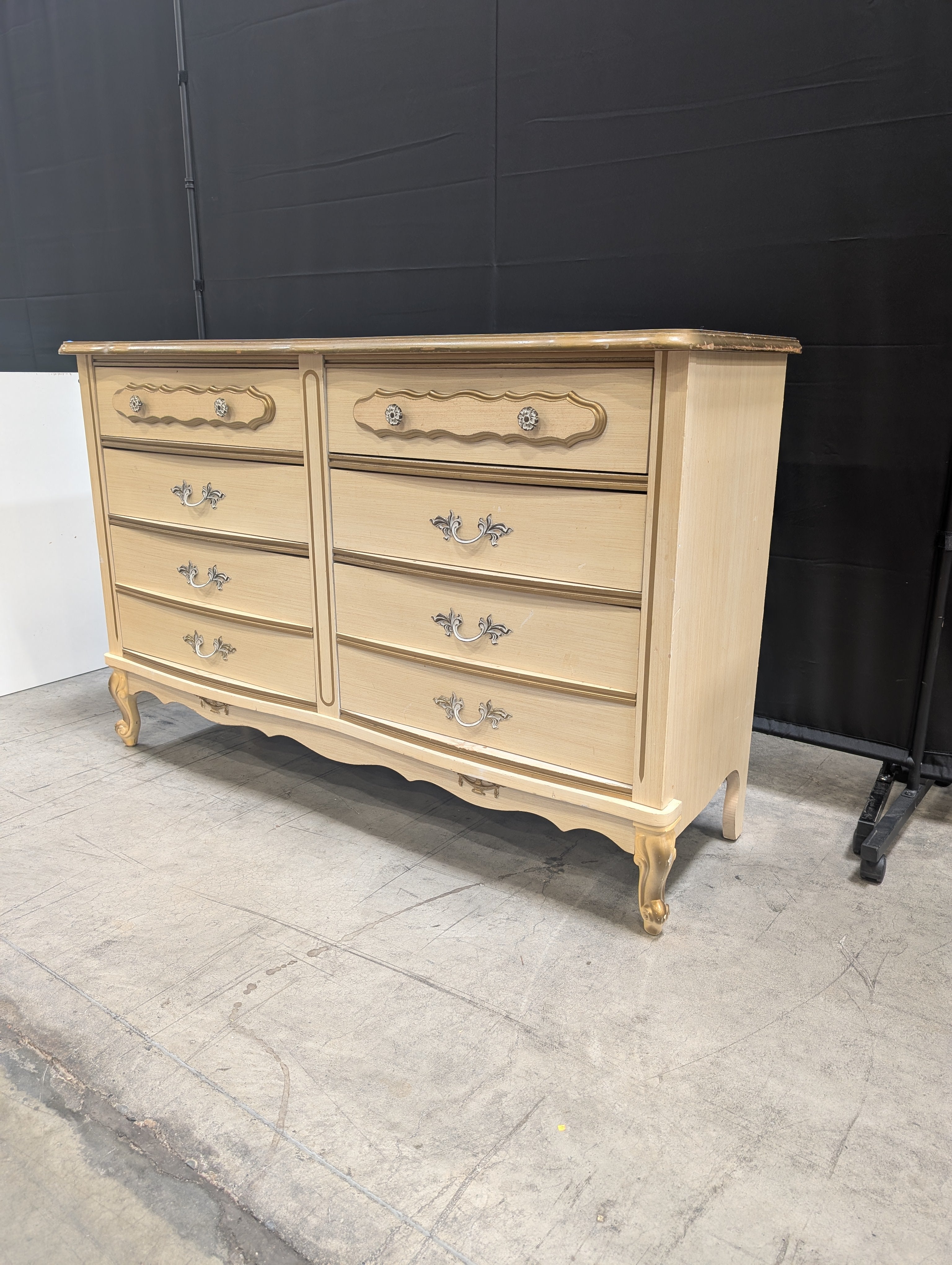 Vintage Cream French Provincial Style Dresser with Gold Accents