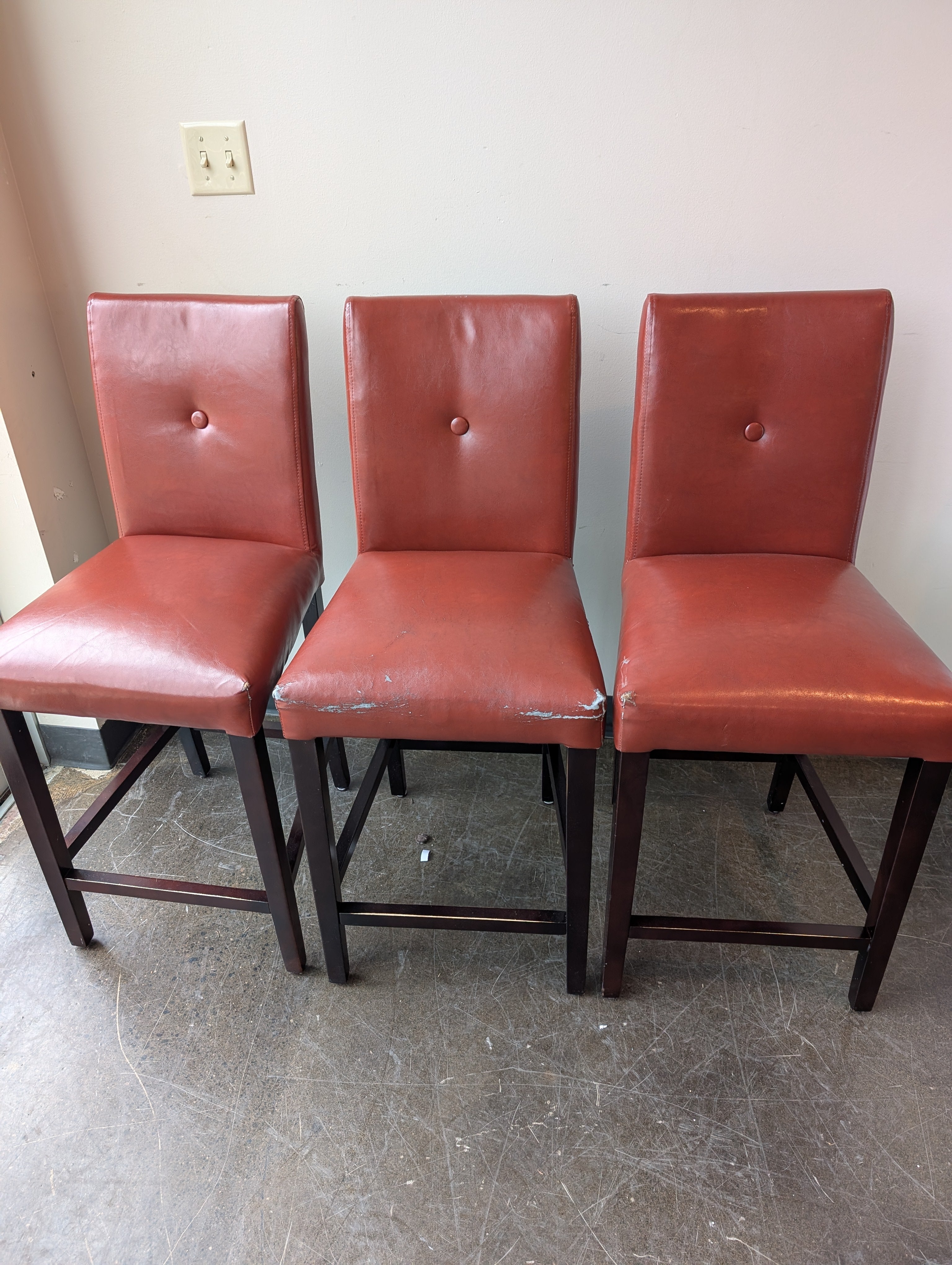 Set of Three- Burgundy Faux Leather Counter Stool with Dark Wood Frame