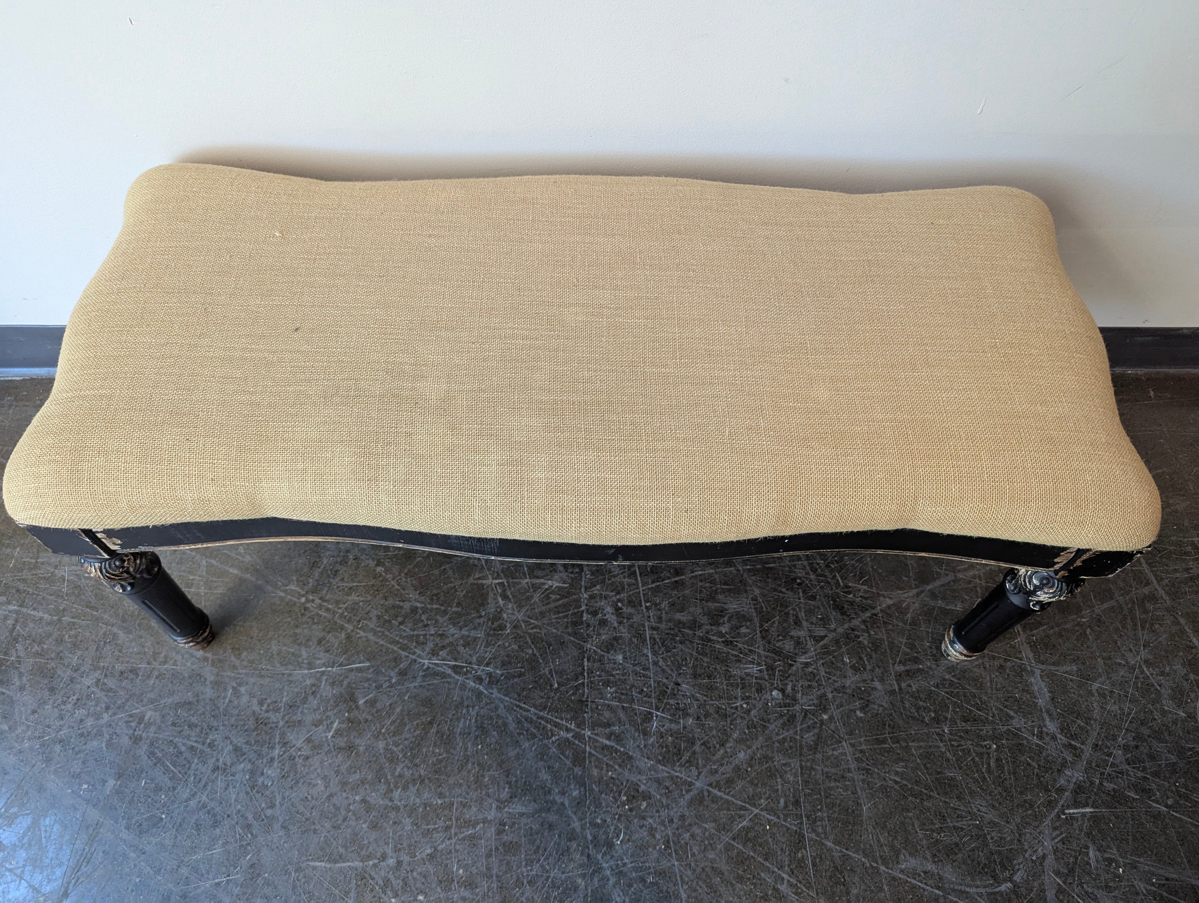 Distressed Black Upholstered Accent Bench with Carved Legs
