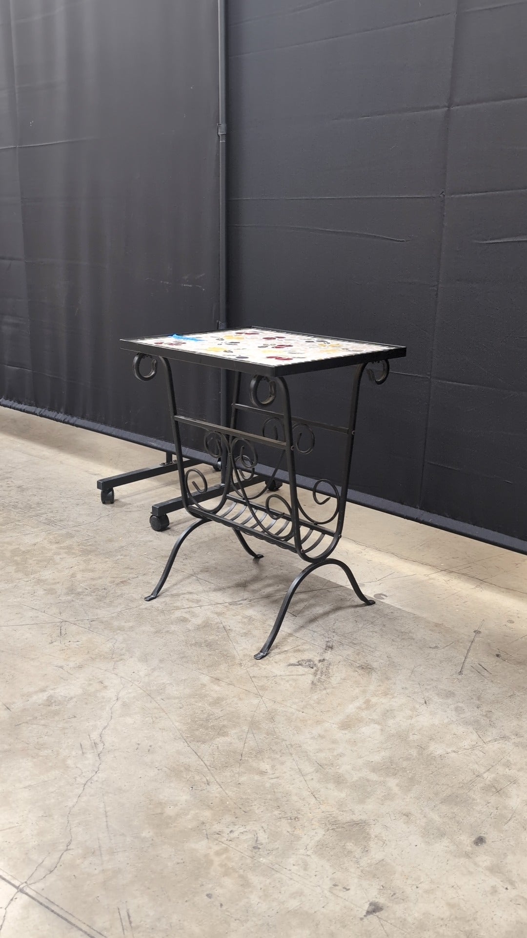 Artisan Mosaic Floral Side Table with Wrought Iron Base