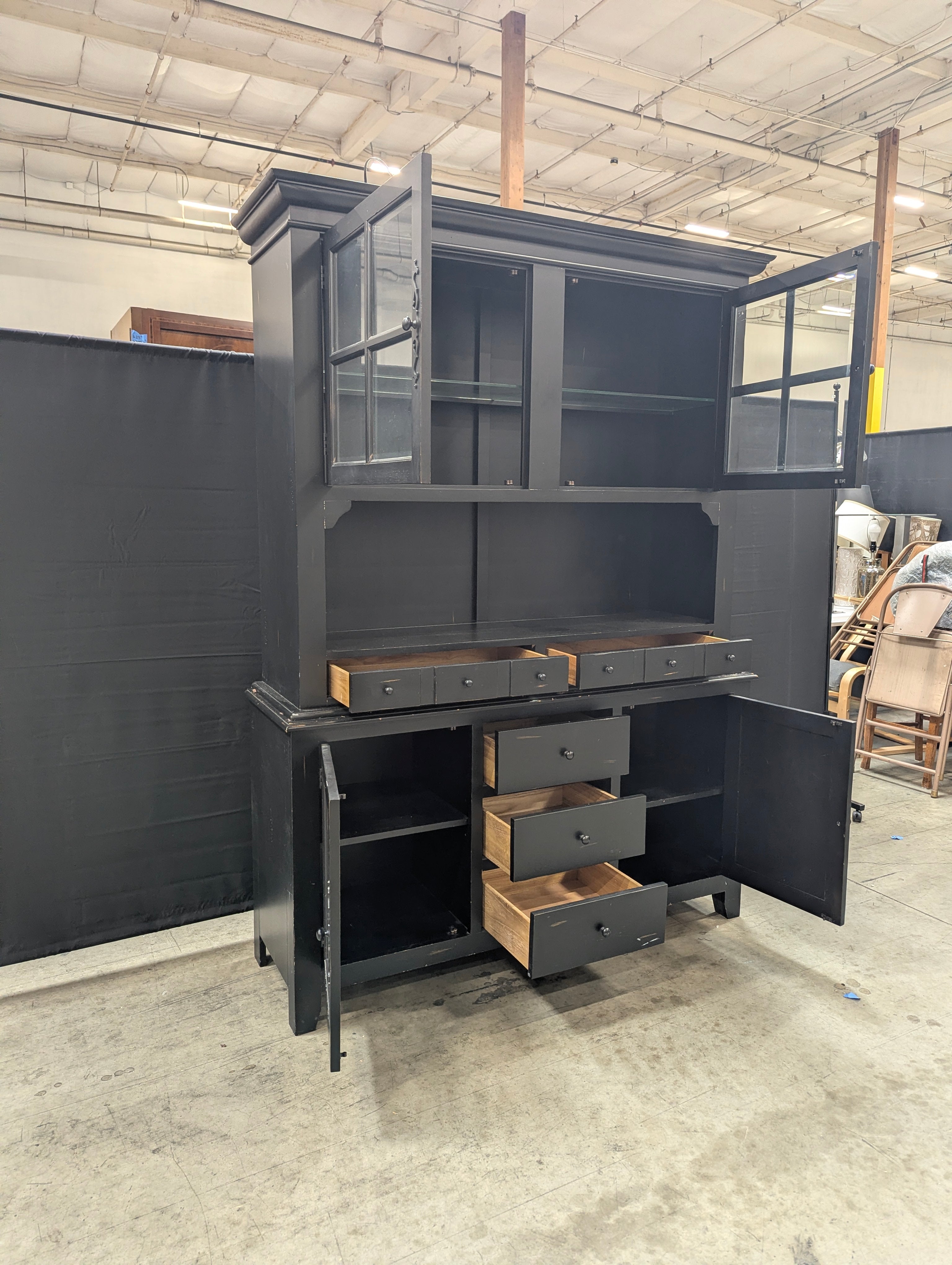 Large Black Farmhouse Display Hutch Cabinet