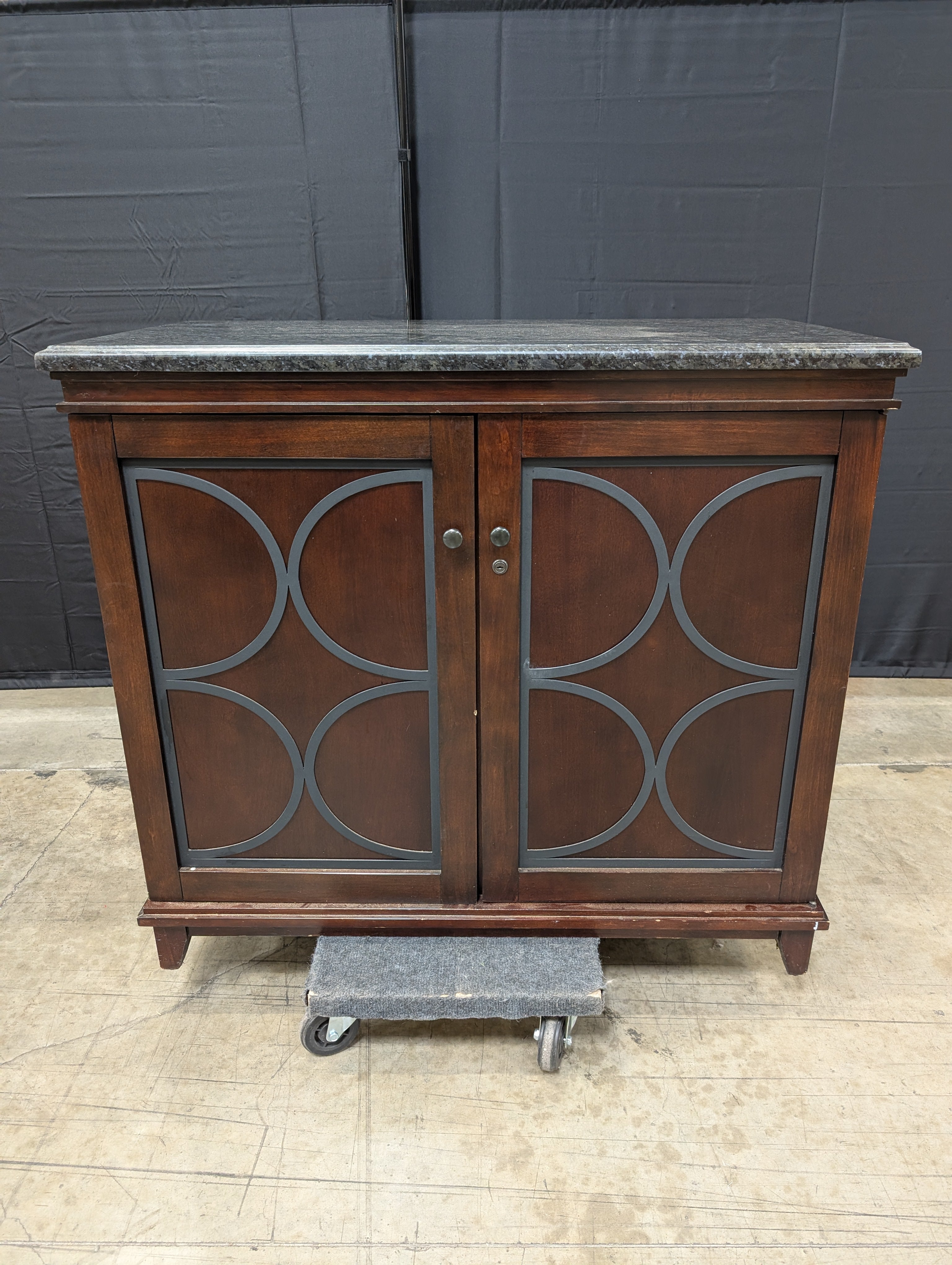 Dark Wood Wine Storage Cabinet with Granite Top and Decorative Doors