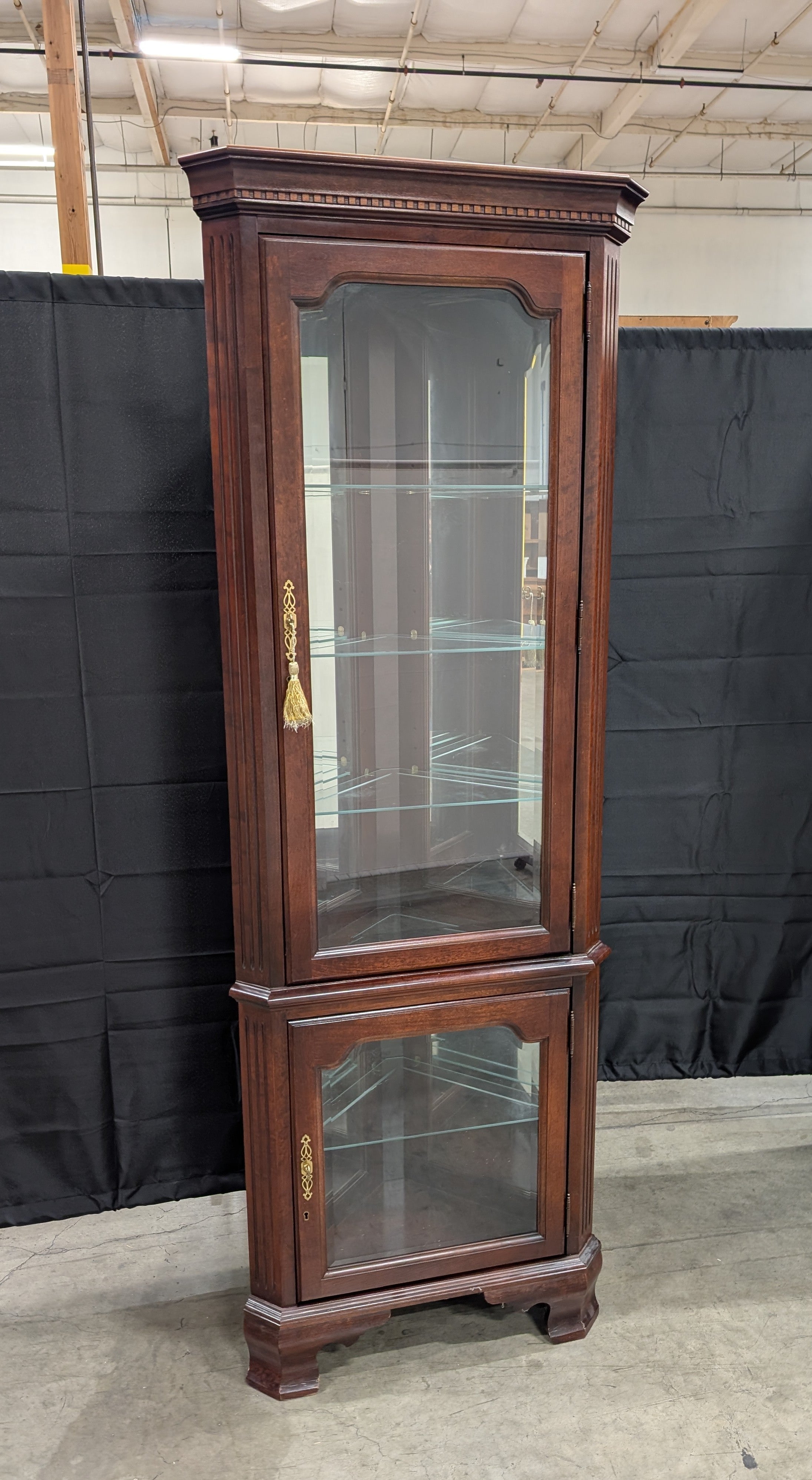 Classic Dark Wood Corner Curio Cabinet with Glass Doors