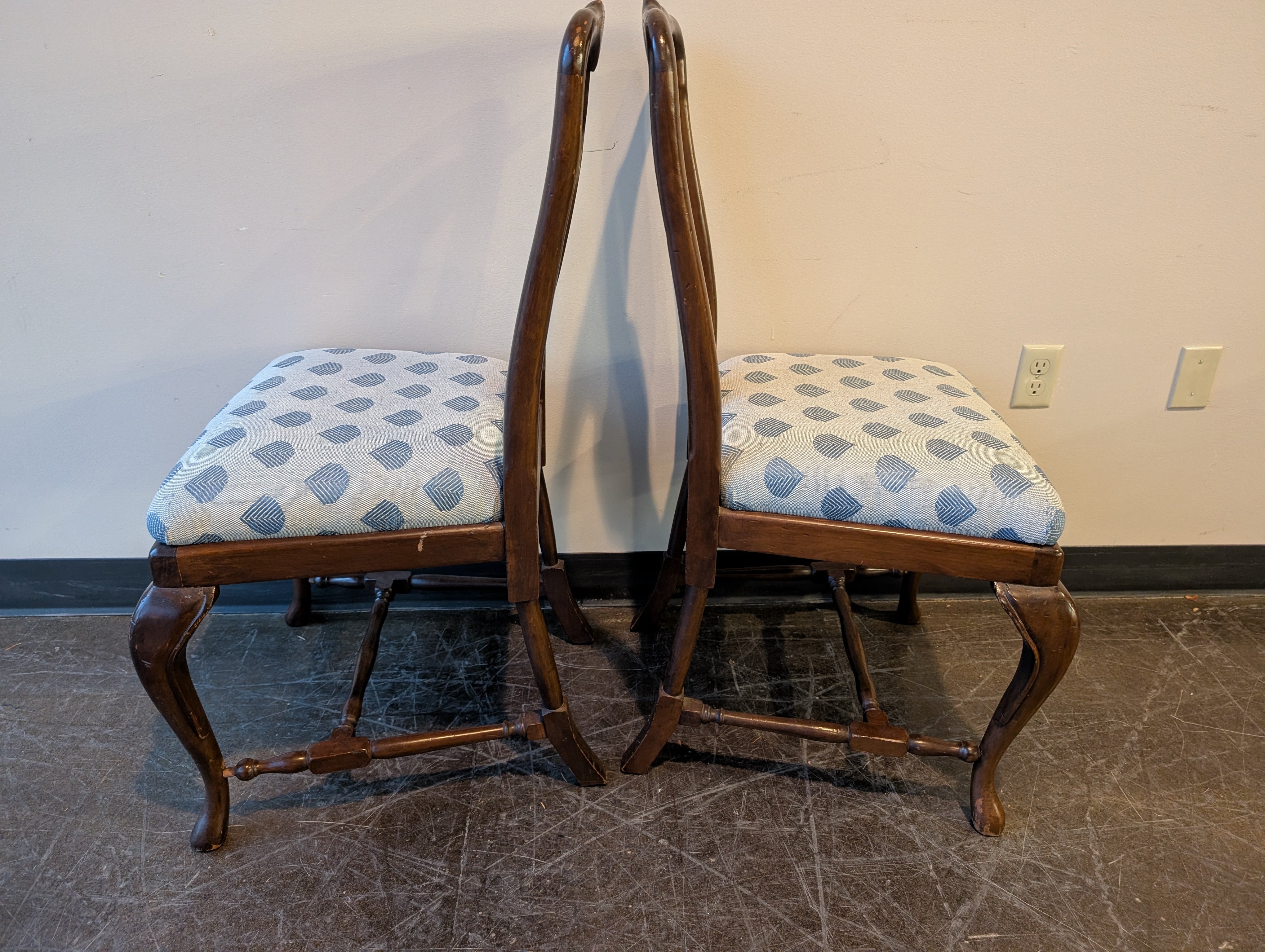 Pair of Traditional Dark Wood Dining Chairs with Upholstered Fan Pattern Seats