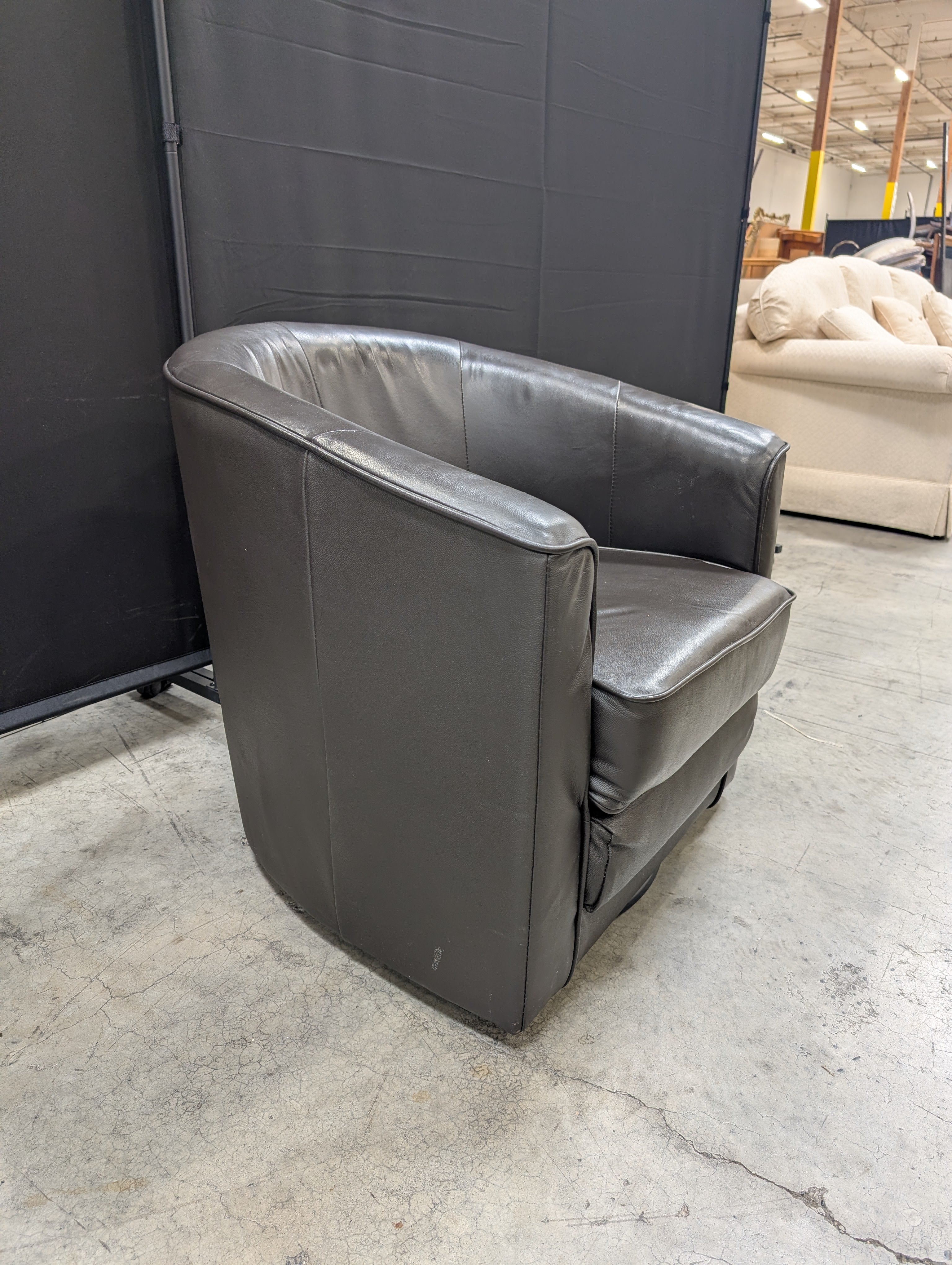 Contemporary Dark Brown Leather Barrel Armchair